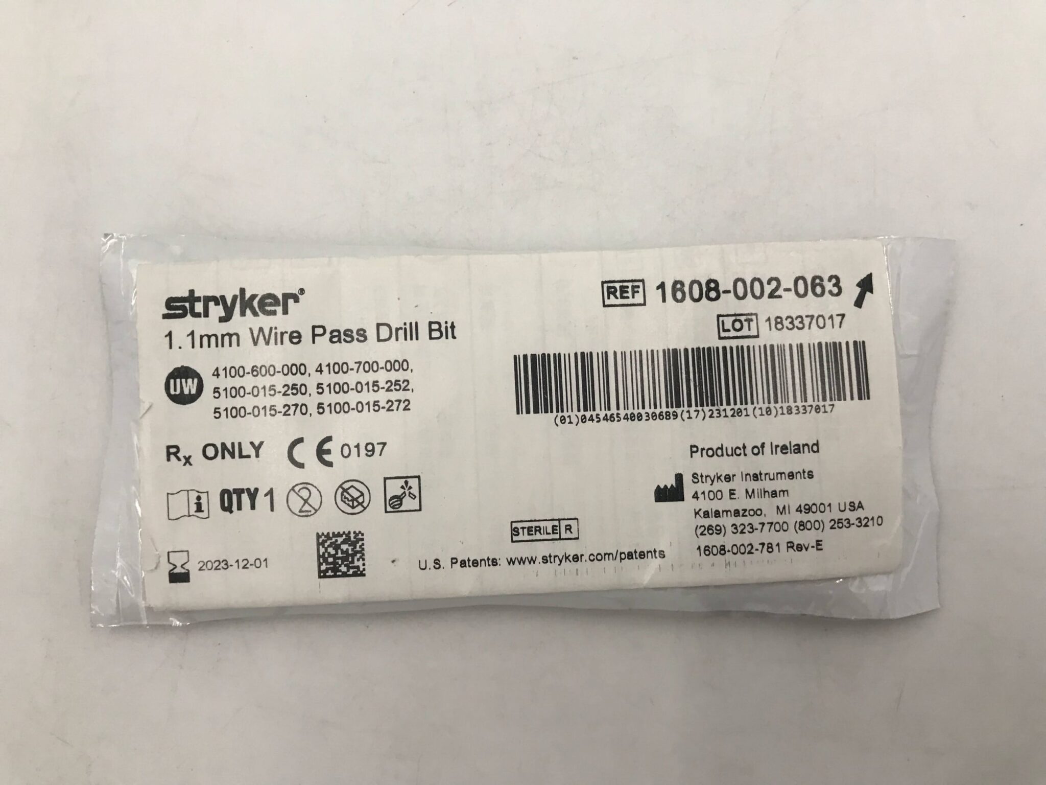 STRYKER 1608002063 Wire Pass Drill Bit, 1.1mm GB TECH USA