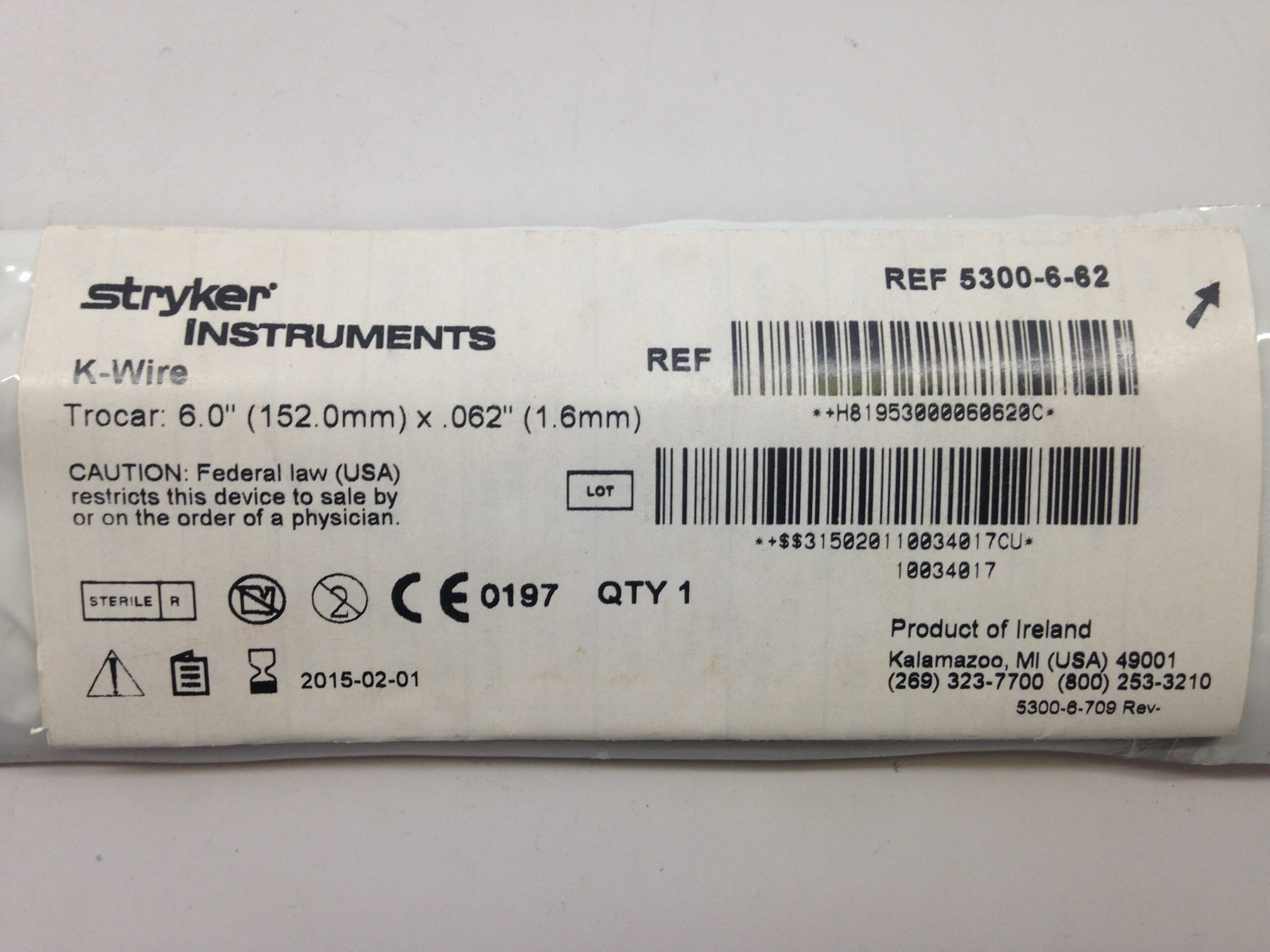 STRYKER 5300662 KWire, 6.0" x .062" (X) GB TECH USA