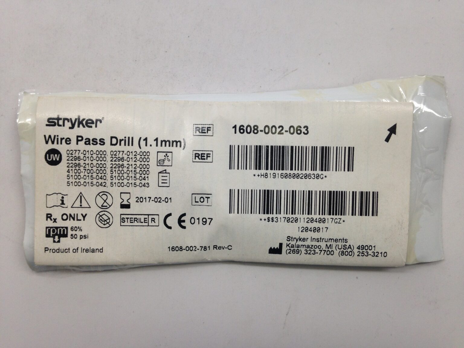 STRYKER 1608002063 Wire Pass Drill Bit, 1.1mm GB TECH USA
