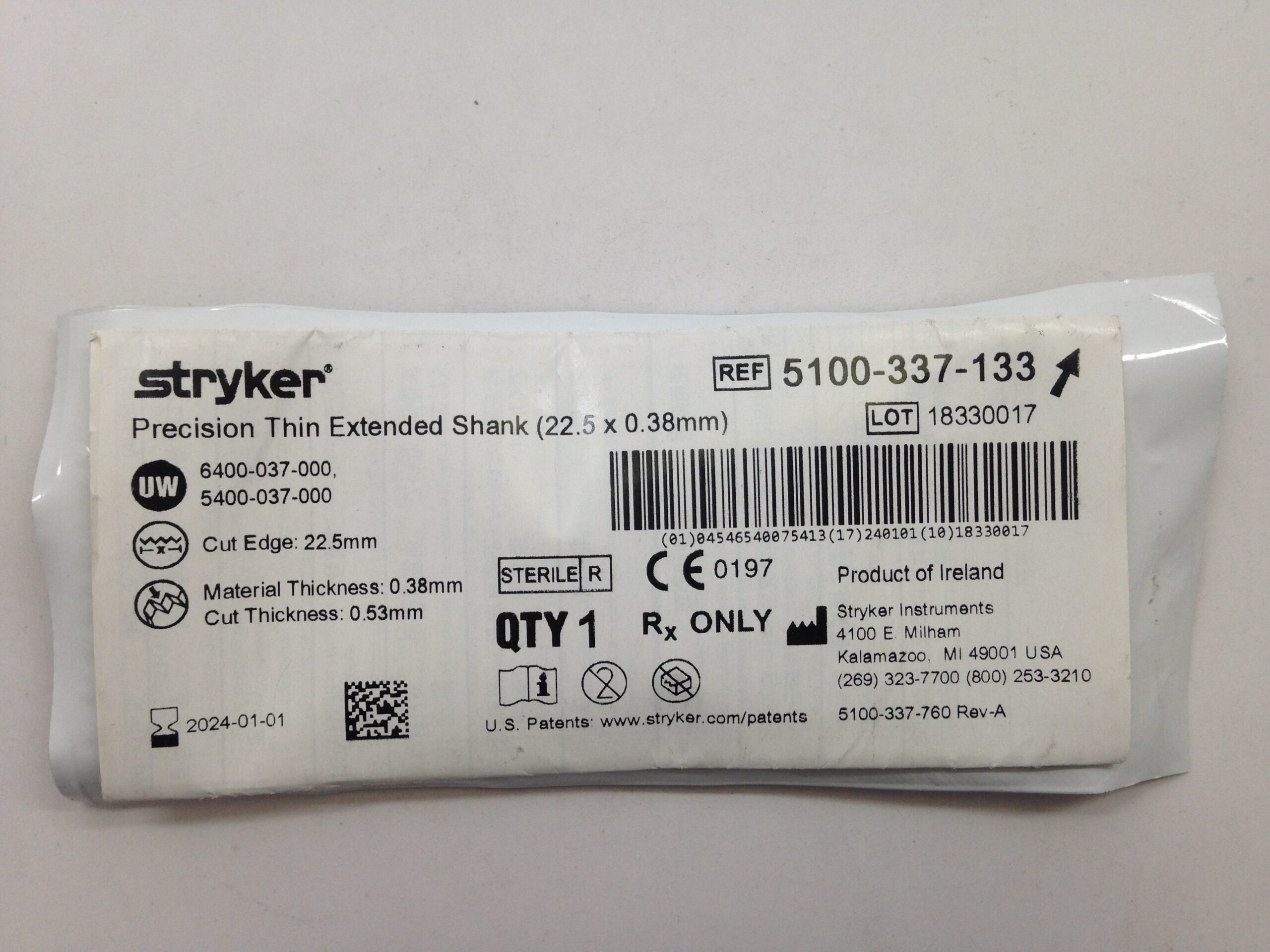 STRYKER 5100337133 Precision Thin Extended Shank, 22.5 x 0.38mm GB
