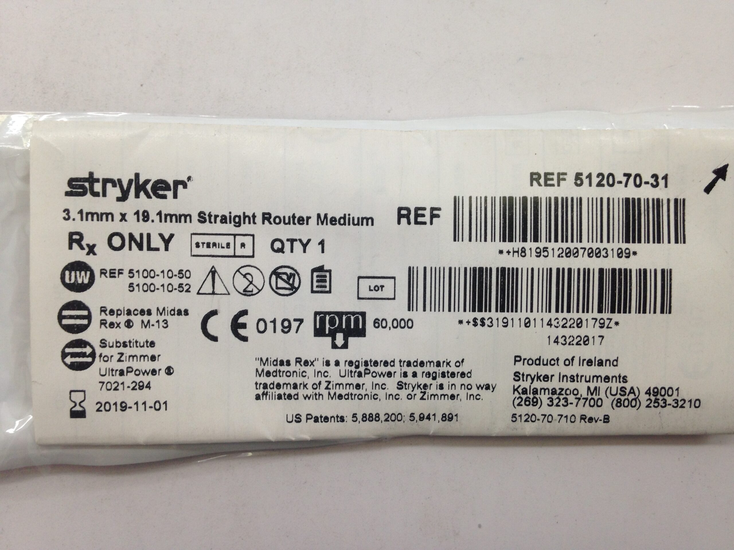 STRYKER 5120-70-31 Straight Router, Medium, 3.1mm x 19.1mm (X) – GB ...