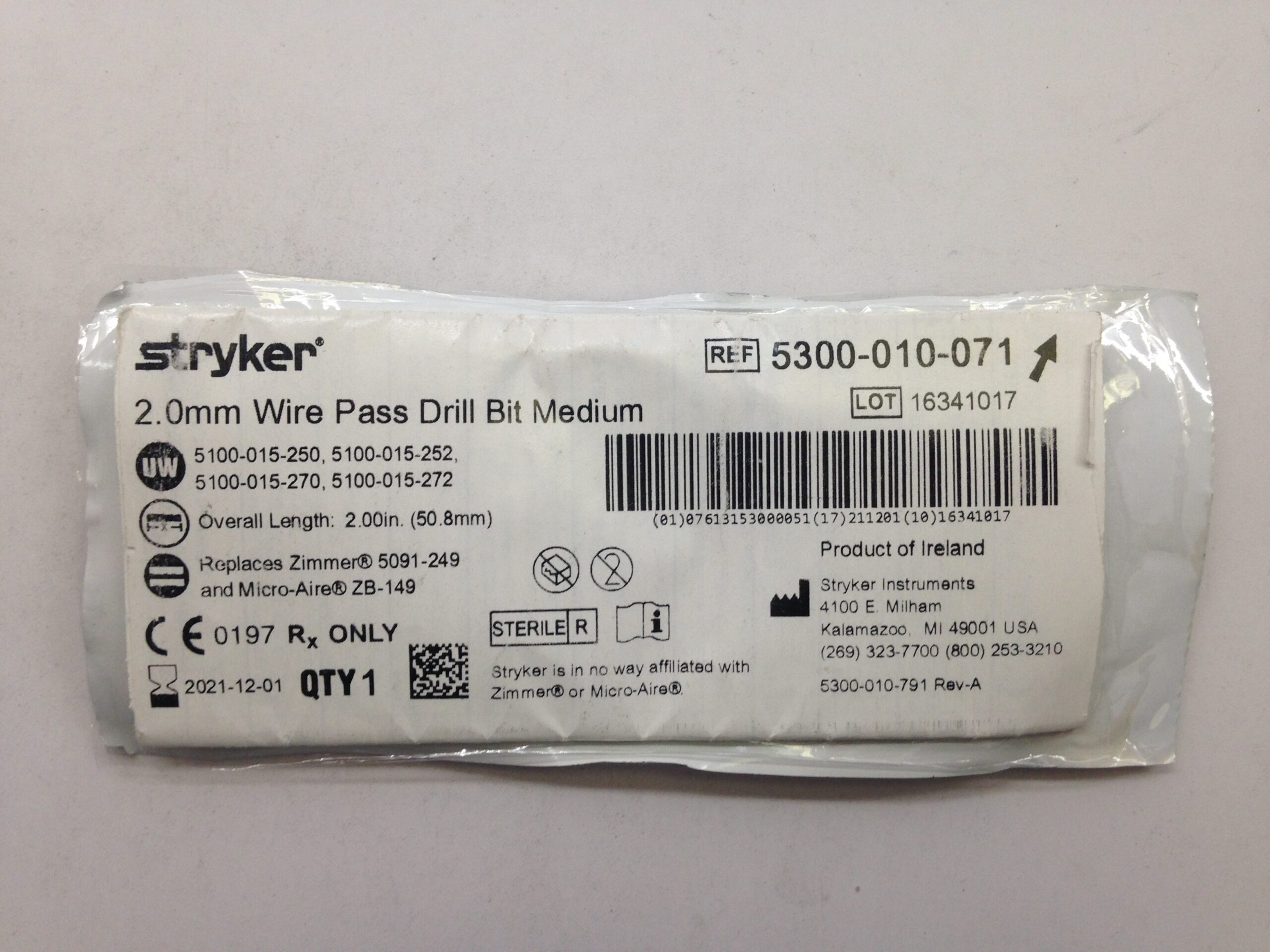 STRYKER 5300010071 Wire Pass Drill Bit, Medium, 2.0mm GB TECH USA