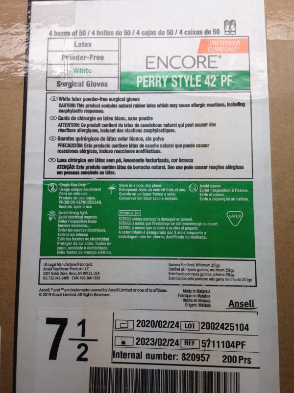 ANSELL 5711104PF ENCORE Perry Style 42 PF White Latex PowderFree