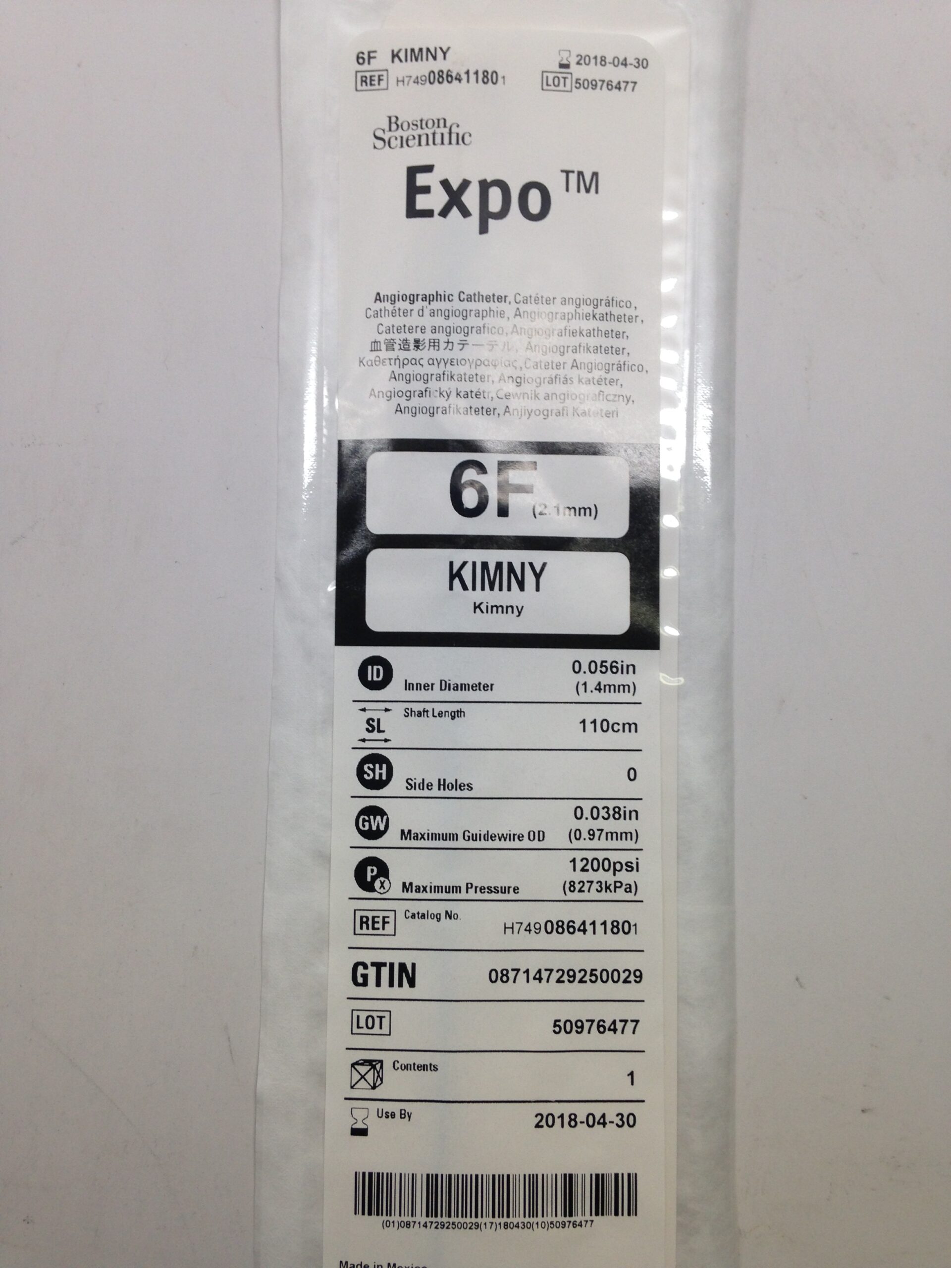 BOSTON SCIENTIFIC 08641180 KIMNY Expo Angiographic Catheter, 6F (X) GB TECH USA