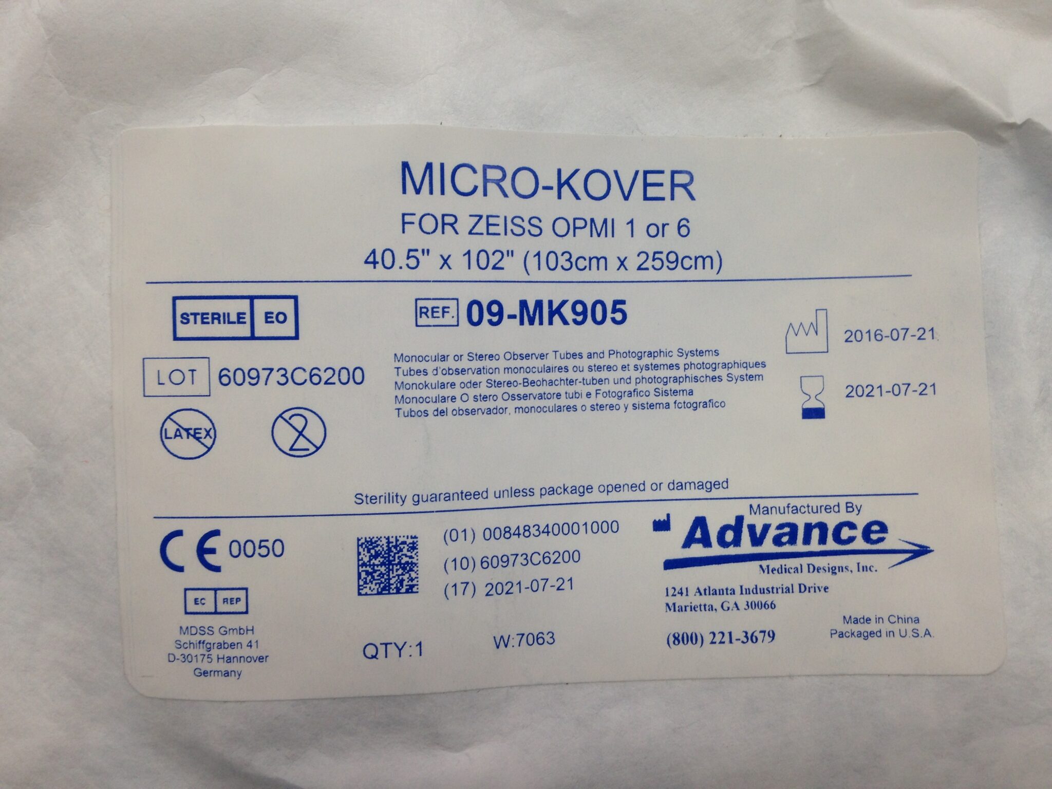 ADVANCE MEDICAL 09MK905 MicroKover, 40.5″ x 102″ (X) GBtech USA