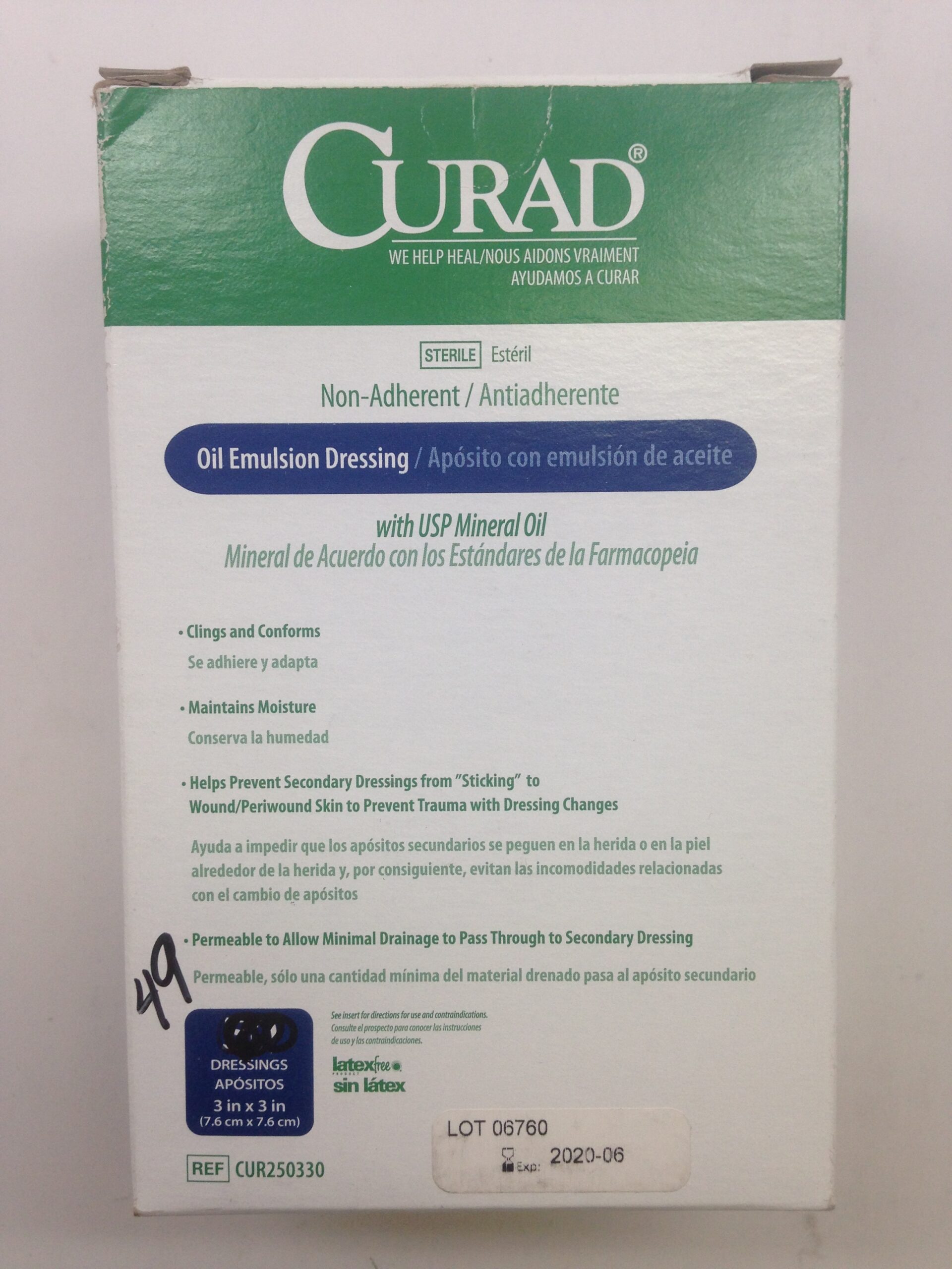 CURAD CUR250330 Non-Adherent Oil Emulsion Dressing, 3in x 3in (49/Box ...