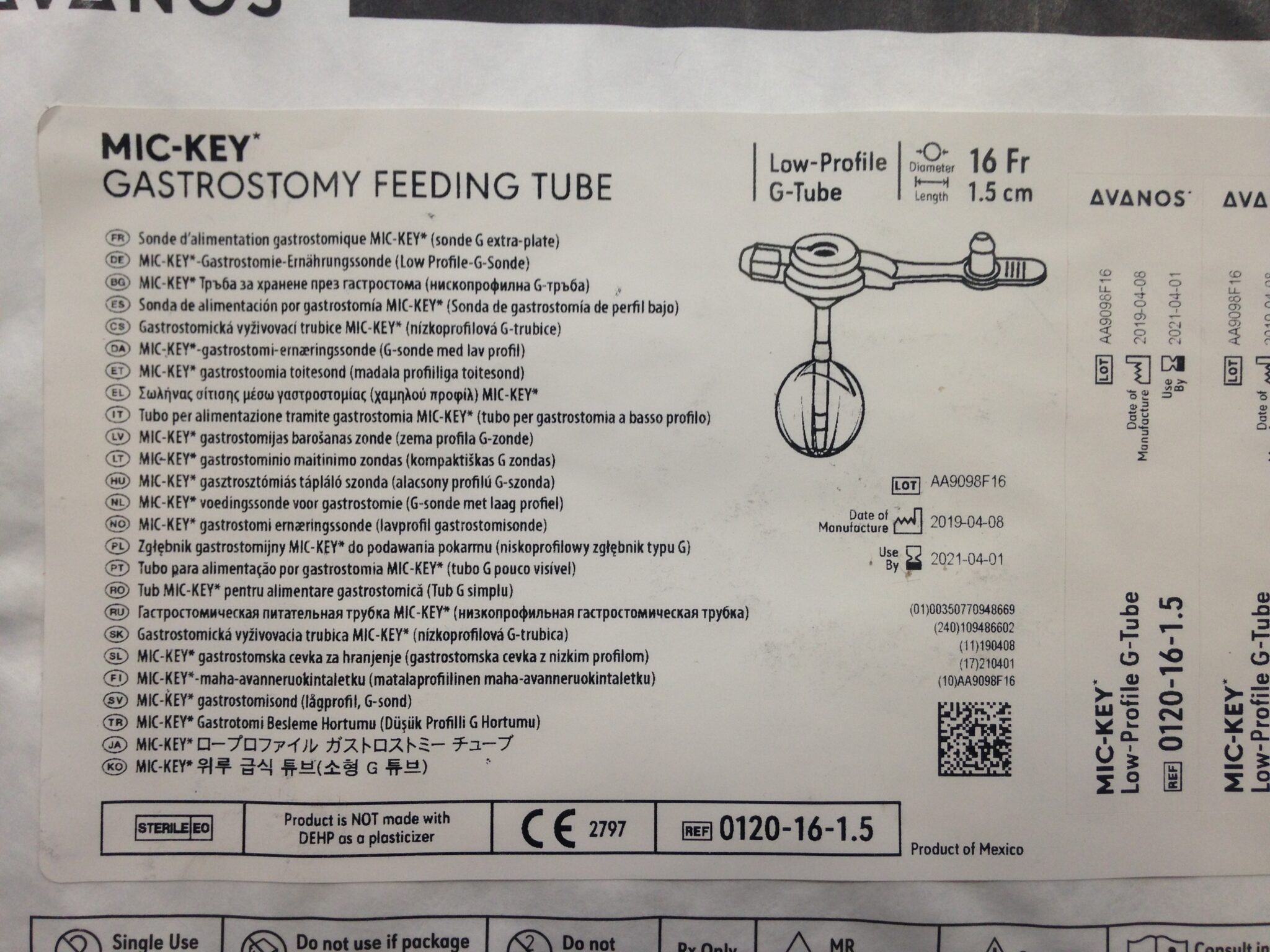 AVANOS 0120161.5 MicKey Gastrostomy Feeding Tube, 16Fr x 1.5cm (X