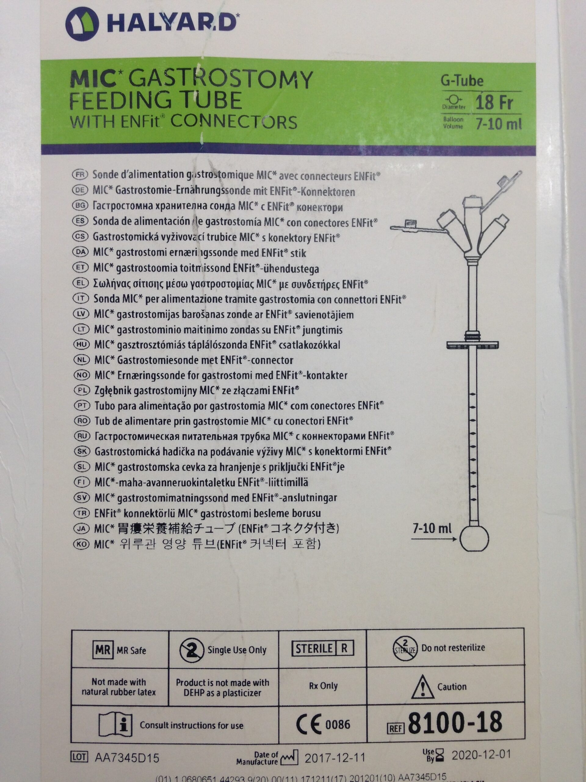 HALYARD 810018 Mic Gastrostomy Feeding Tube With Enfit Connectors