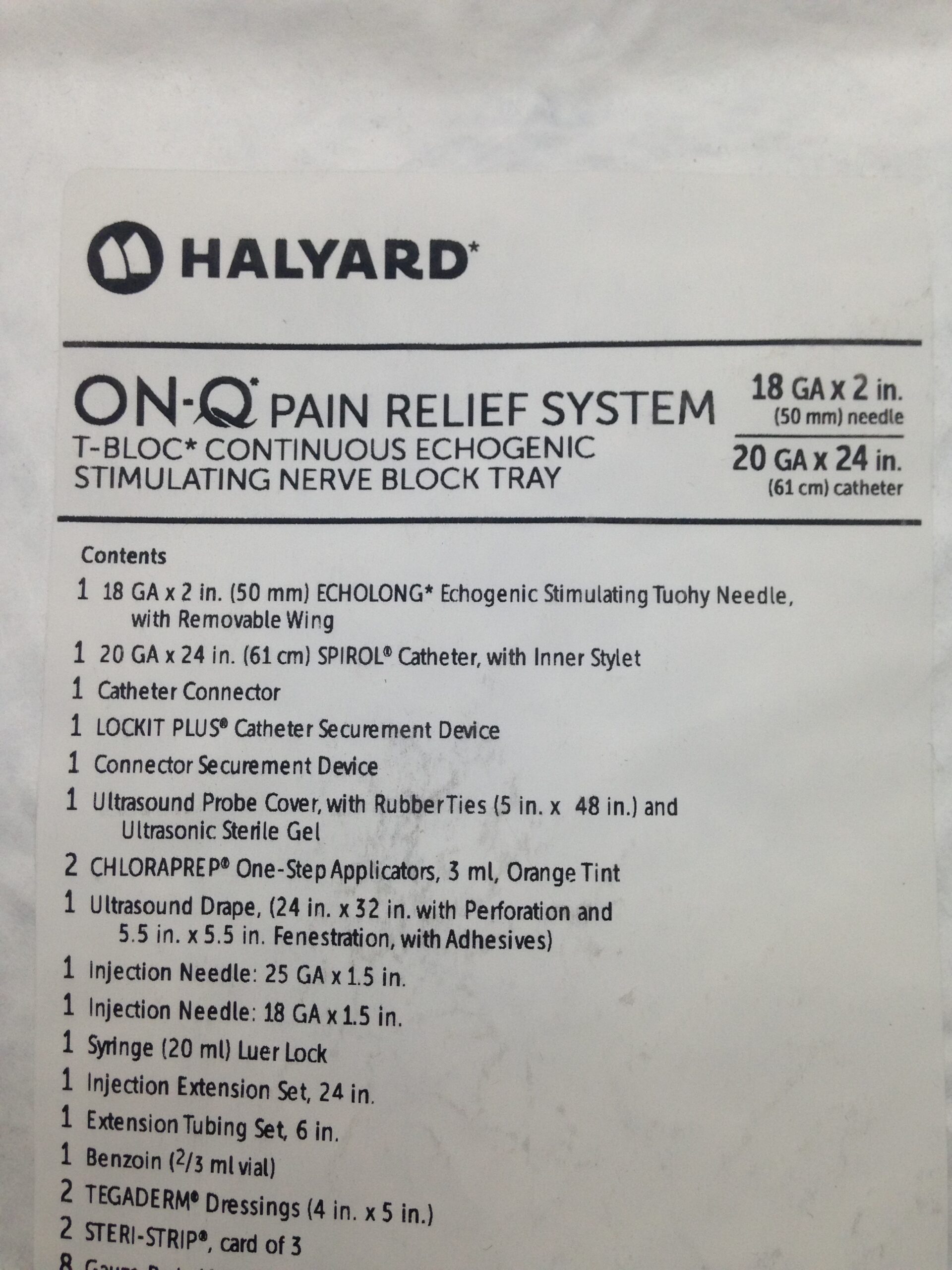 HALYARD TBT03050ST ONQ Pain Relief System, TBloc Continuous Echogenic