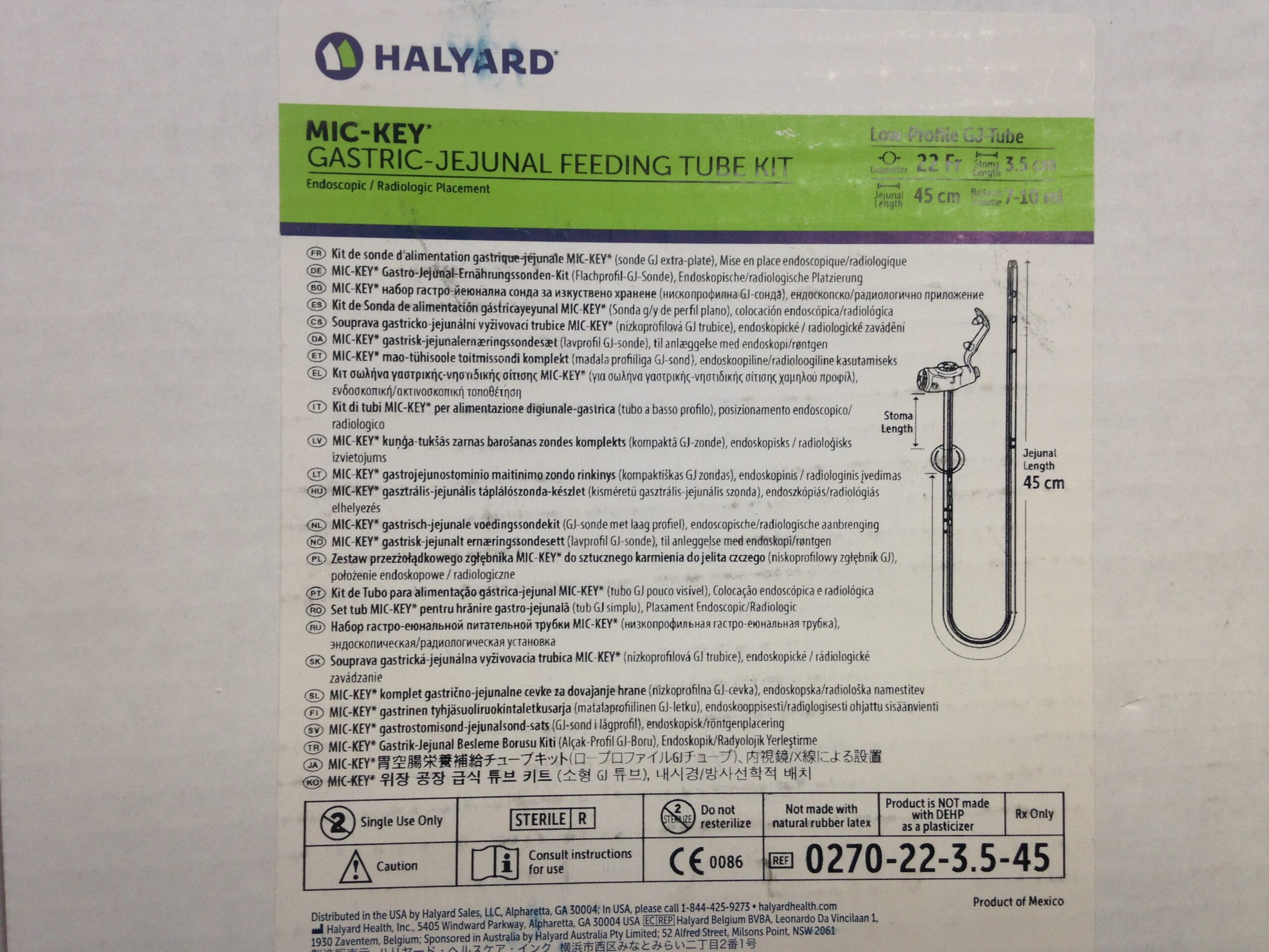 HALYARD 0270223.545 MicKey GastricJejunal Feeding Tube Kit, 45cm