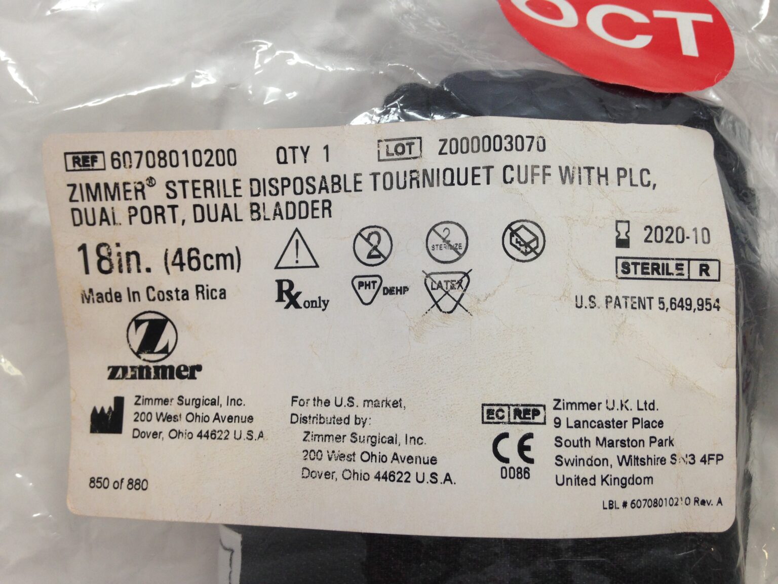 ZIMMER 60708010200 Sterile Disposable Tourniquet Cuff With PLC, Dual