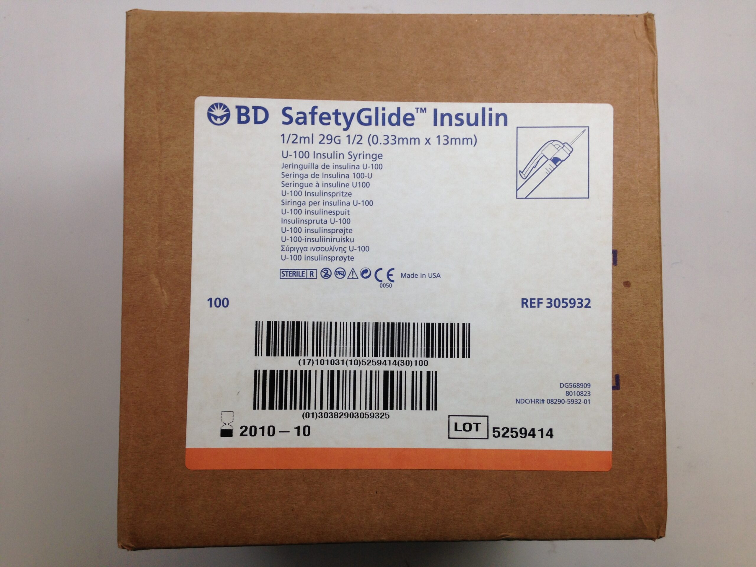 BD 305932 SafetyGlide Insulin, U-100 Insulin Syringe, 1/2mL, 29G 