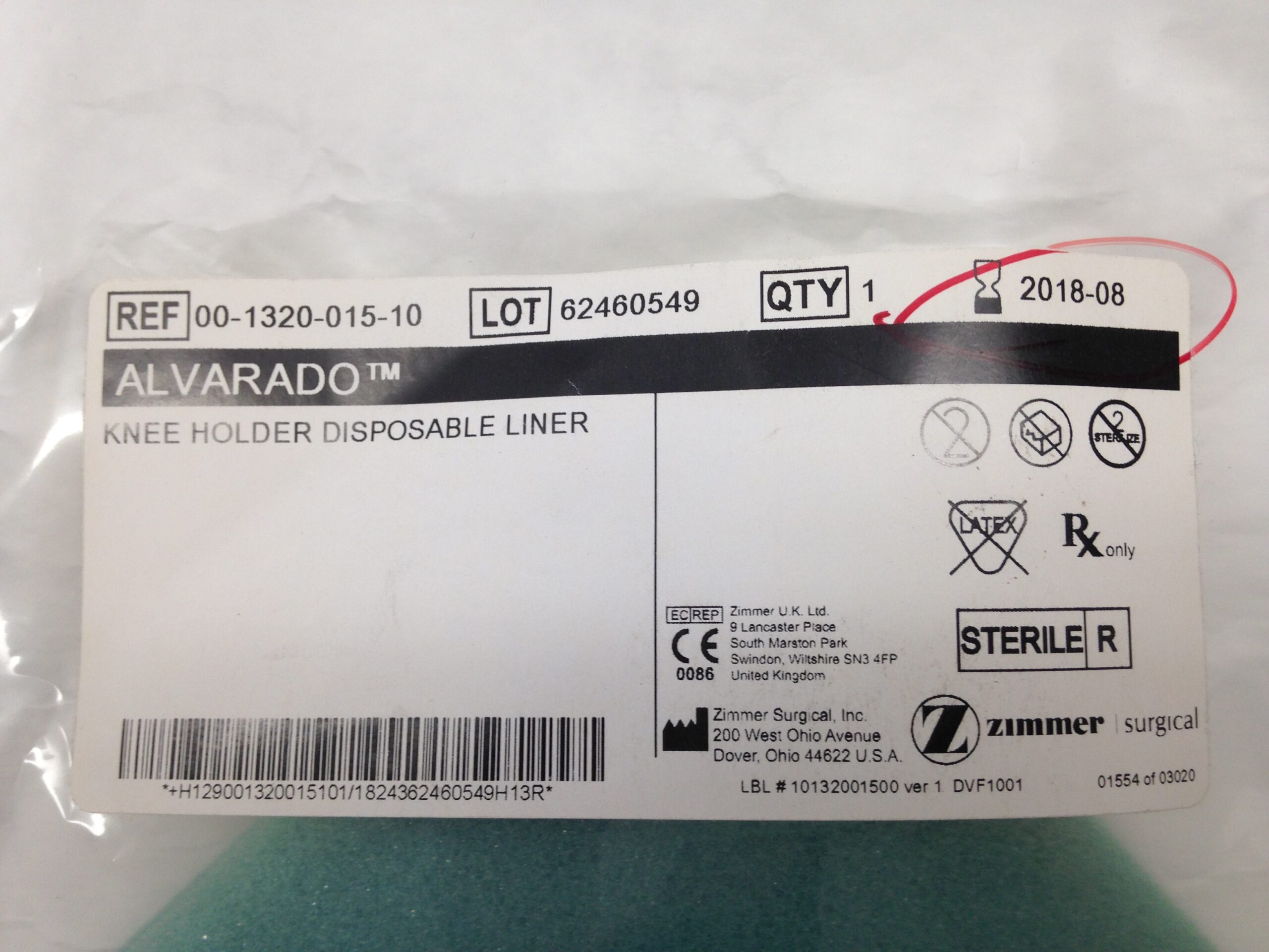 ZIMMER SURGICAL 00132001510 Alvarado Knee Holder Disposable Liner (X