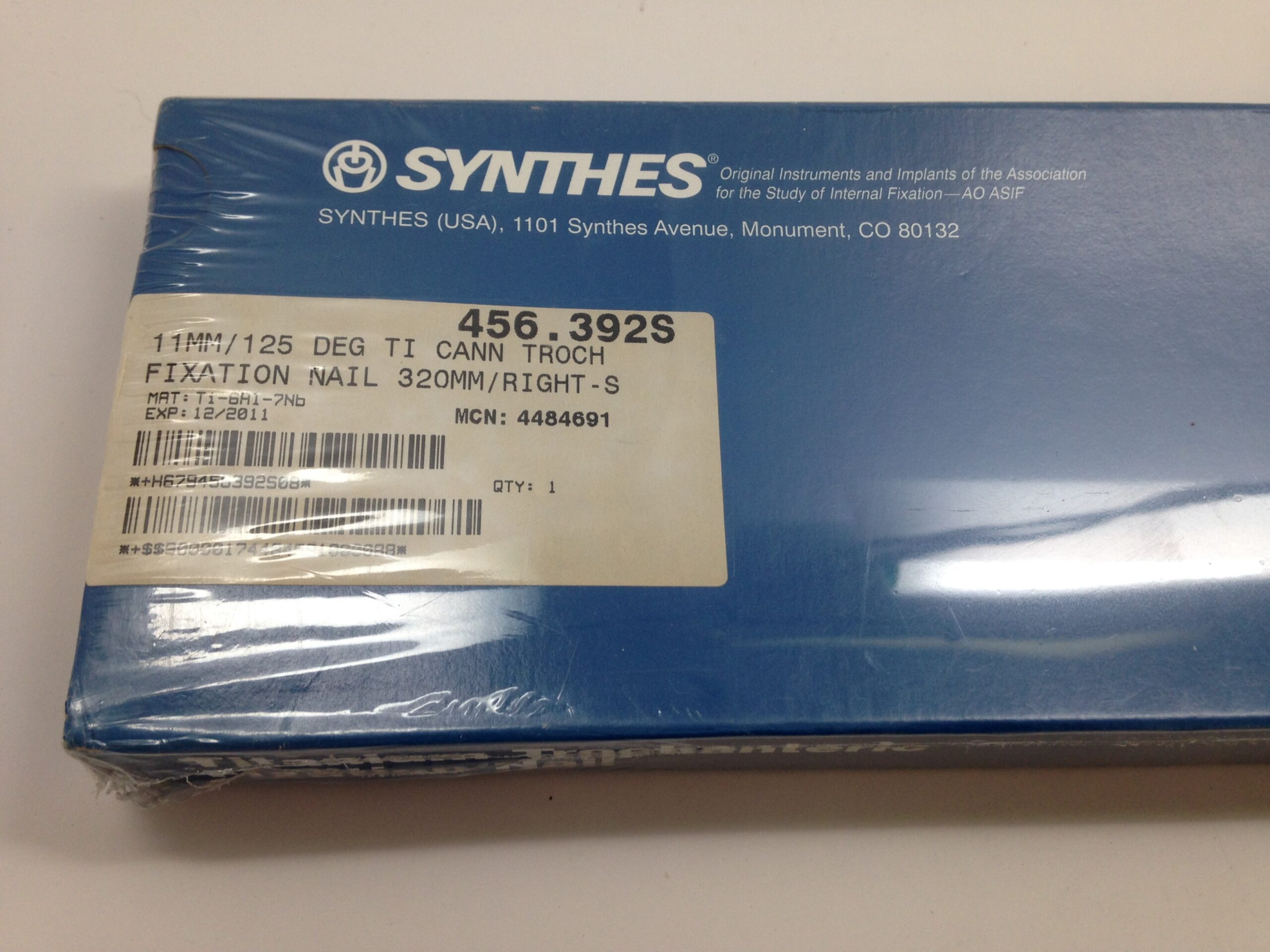 SYNTHES 456.392S 11mm/125 Deg TI Cann Titanium Trochanteric Fixation Nail,  320mm/Right-S (X) - GB TECH USA