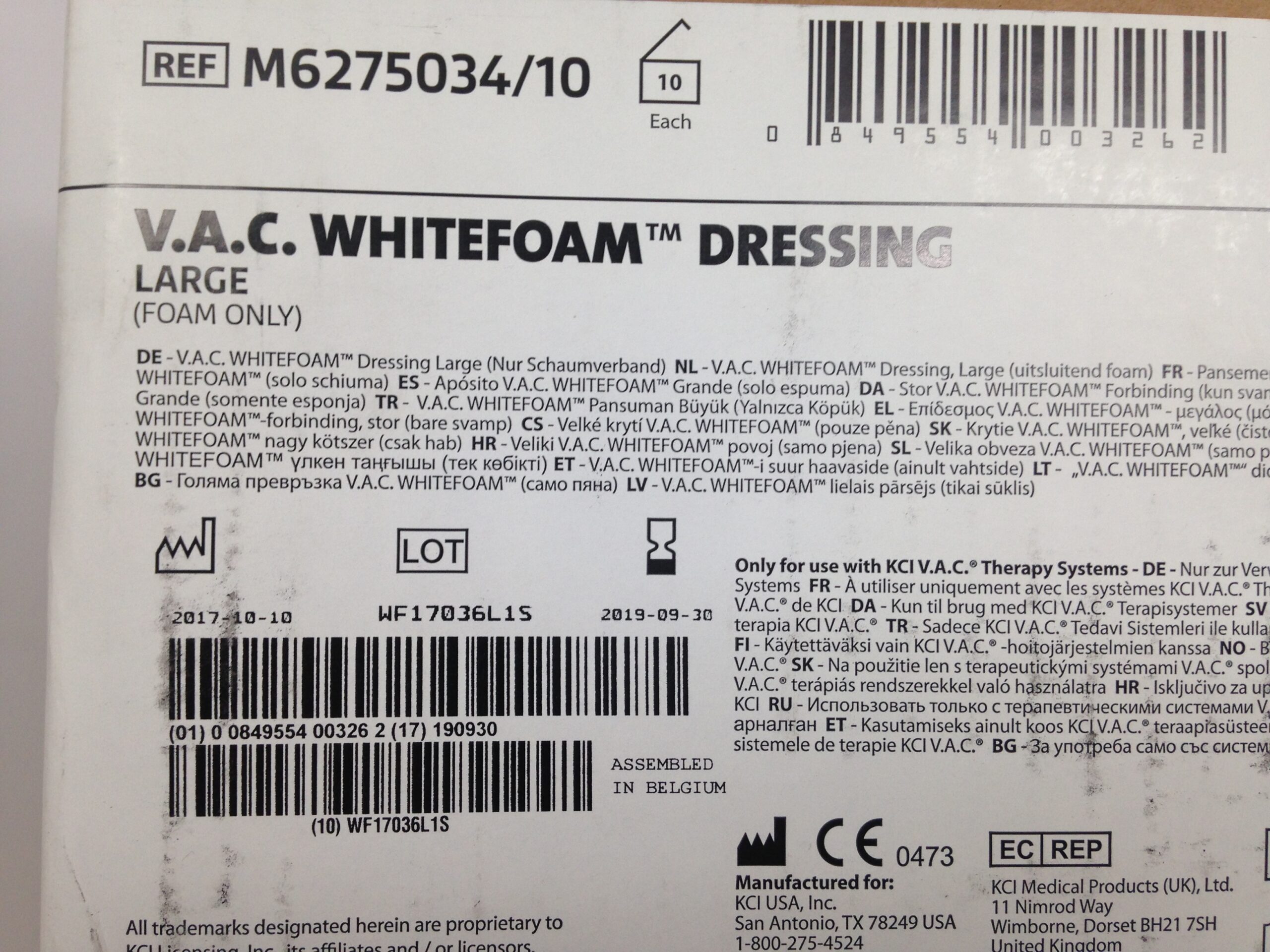 KCI M6275034/10 V.A.C. Whitefoam Dressing, Large (10/Box) (X)