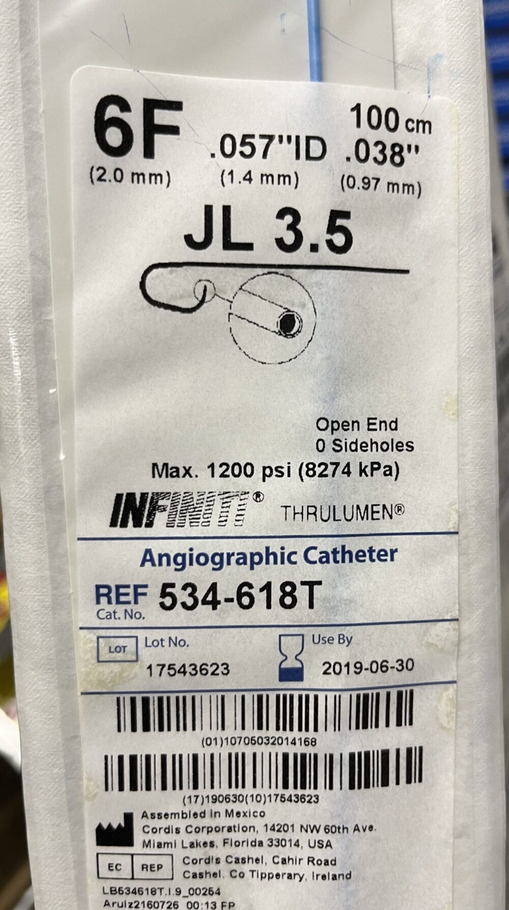 CORDIS 534618T Infinti Thrulumen Angiographic Catheter JL 3.5 6F (X