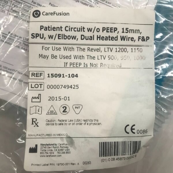 CAREFUSION 15091-104 Patient Circuit W/O PEEP, 15mm, SPU, w/Elbow, Dual ...