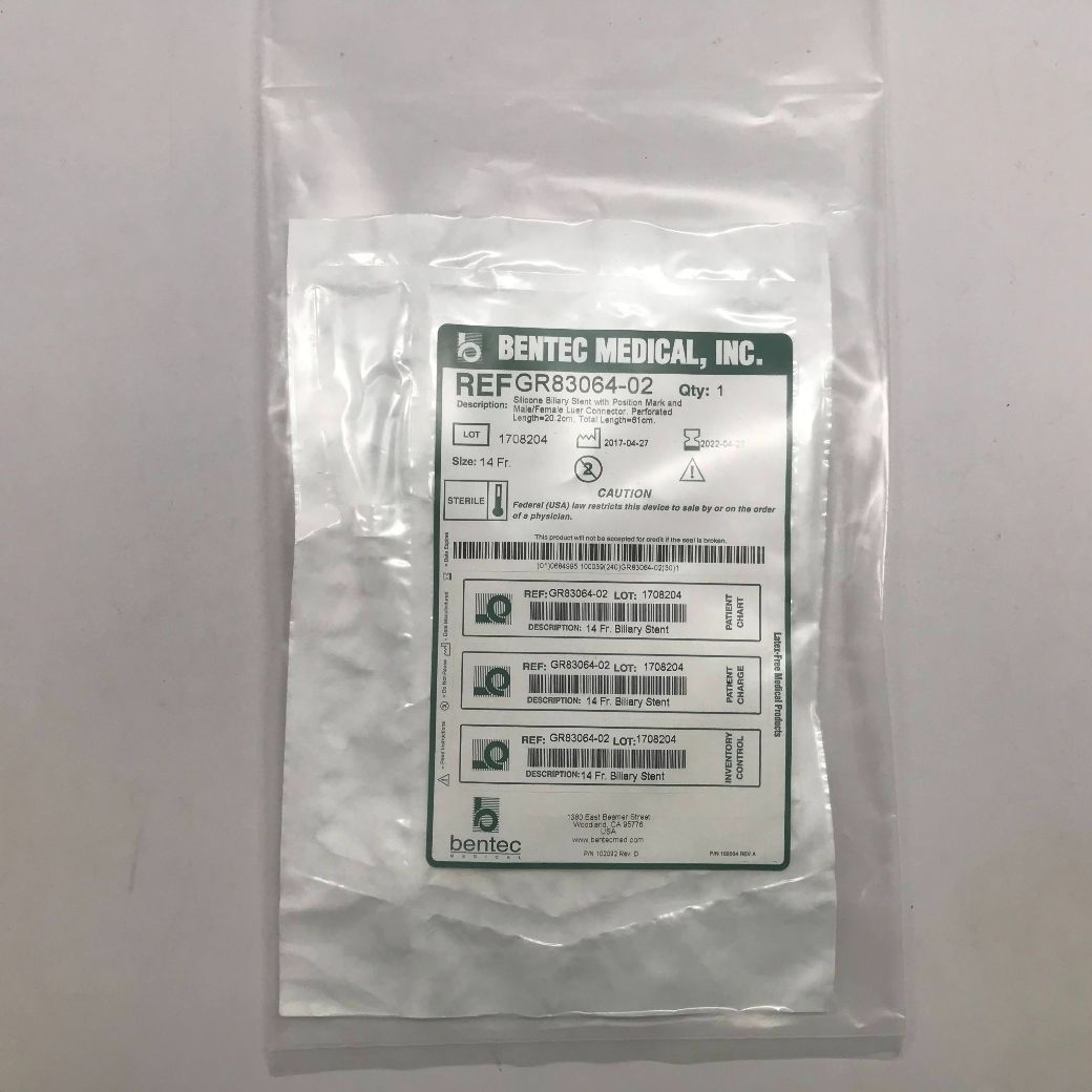 BENTEC MEDICAL GR83064-02 Silicone Biliary Stent With Position Mark And  Male/Female Luer Connector, Perforated, Length=20.2cm, Total Length=61cm (X)