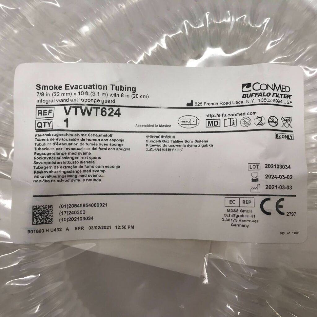 CONMED VTWT624 Smoke Evacuation Tubing, 7/8in x 10Ft With 8in Integral