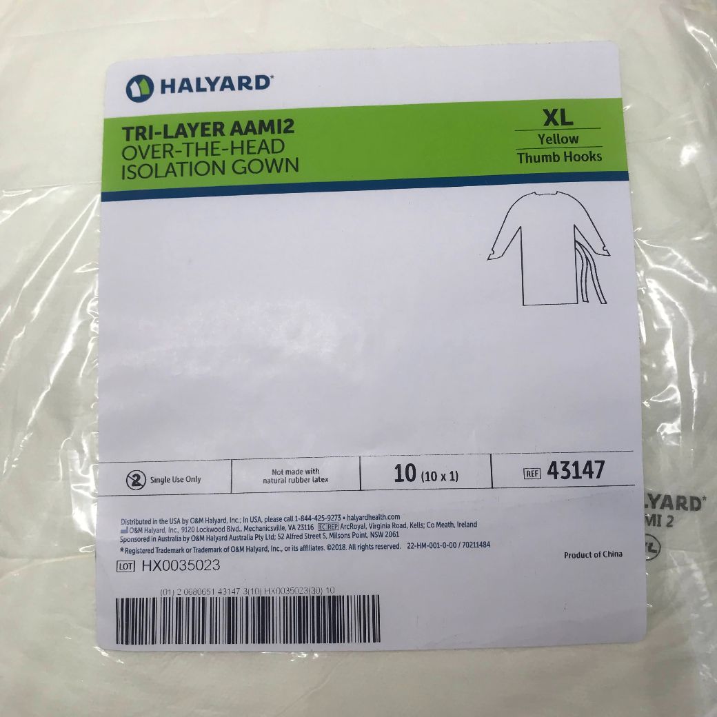 Halyard 43147 TriLayer AAMI2 OverThe Head Isolation Gown XL, Yellow