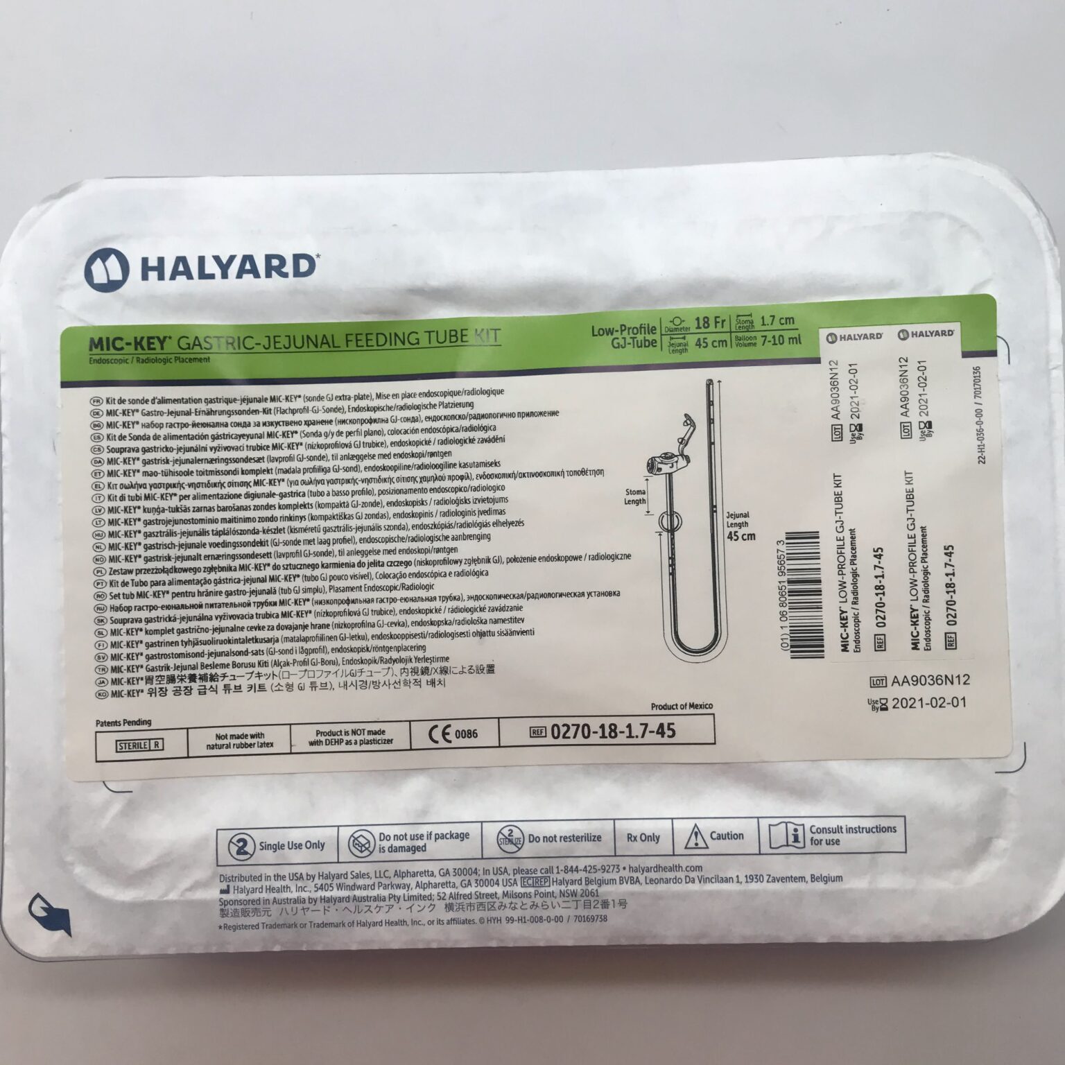 Halyard 0270181.745 MICKEY GastricJejunal Feeding Tube Kit Low