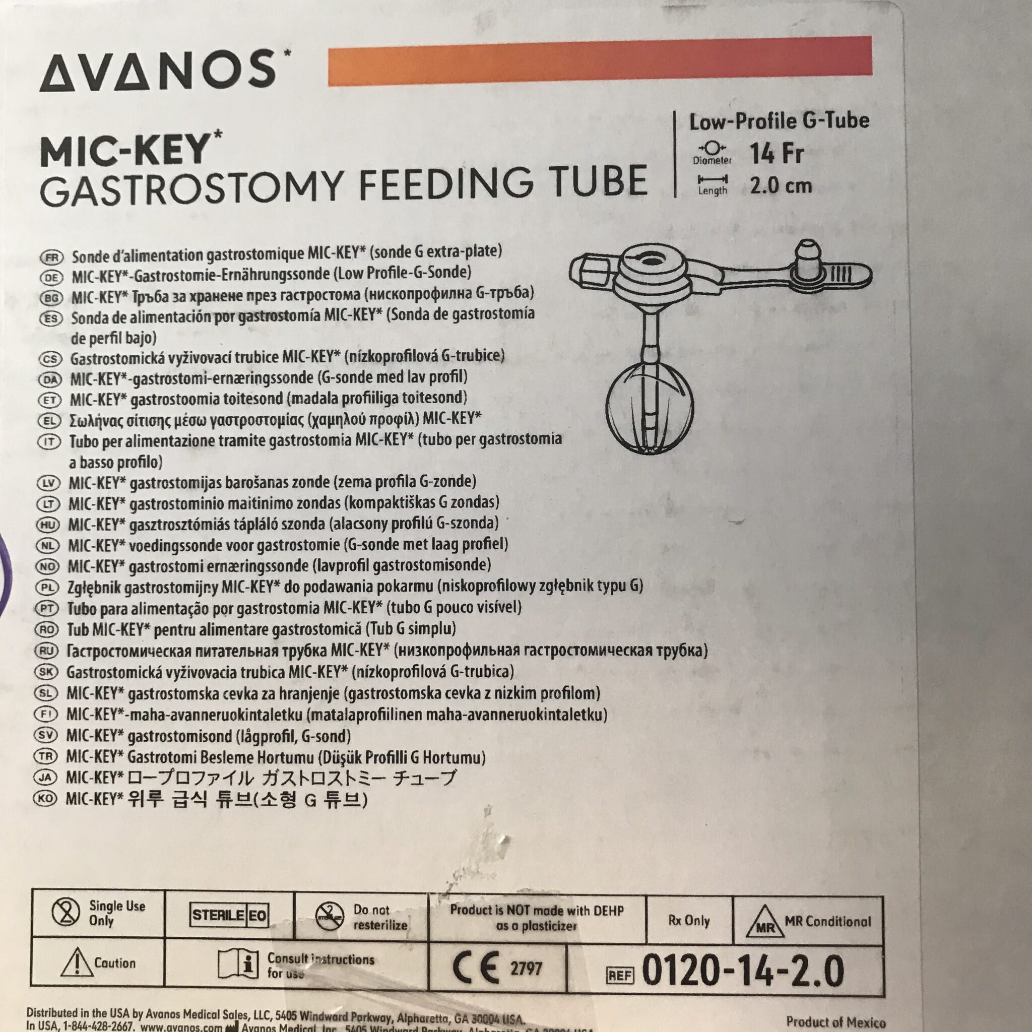 Avanos 0120142.0 MICKEY Gastrostomy Feeding Tube Low Profile GTube