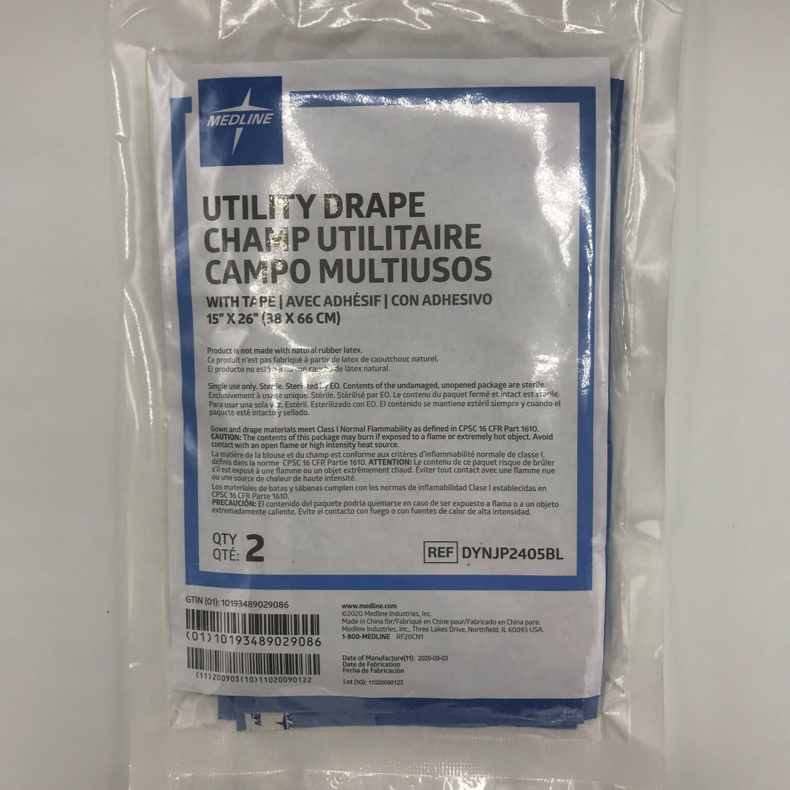 Medline DYNJP2405BL, Utility Drape, w/Tape 15″x 26″ (38x66cm) (2/pkg
