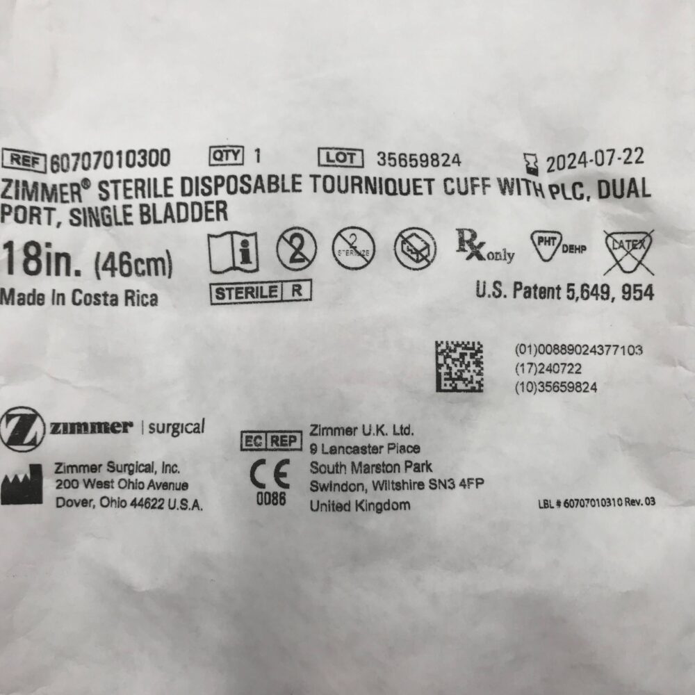 ZIMMER 60707010300 Disposable Tourniquet Cuff, Dual Port, Single Bladder 18in. GB TECH USA