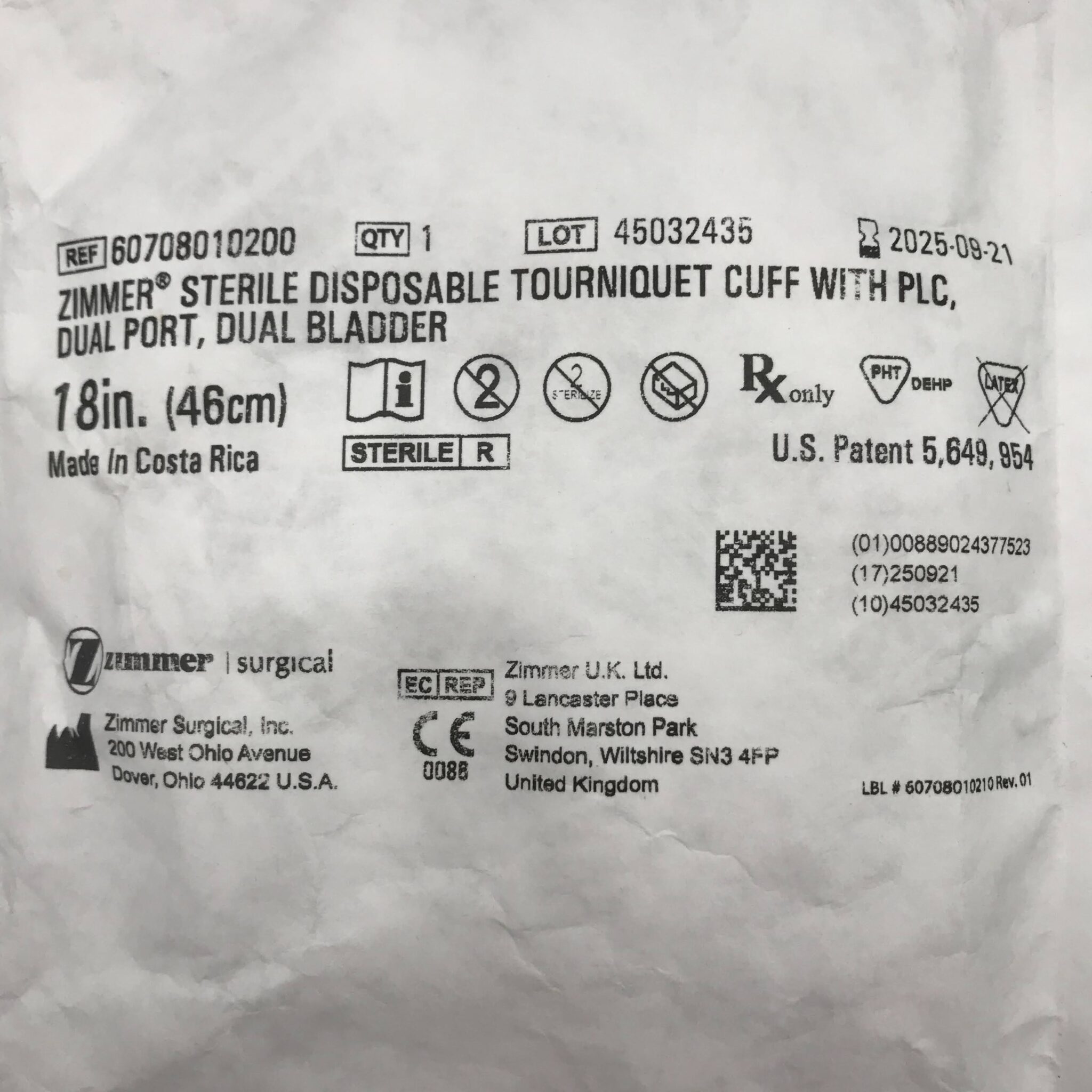 Zimmer 60708010200 Sterile Disposable Tourniquet Cuff With PLC. Dual