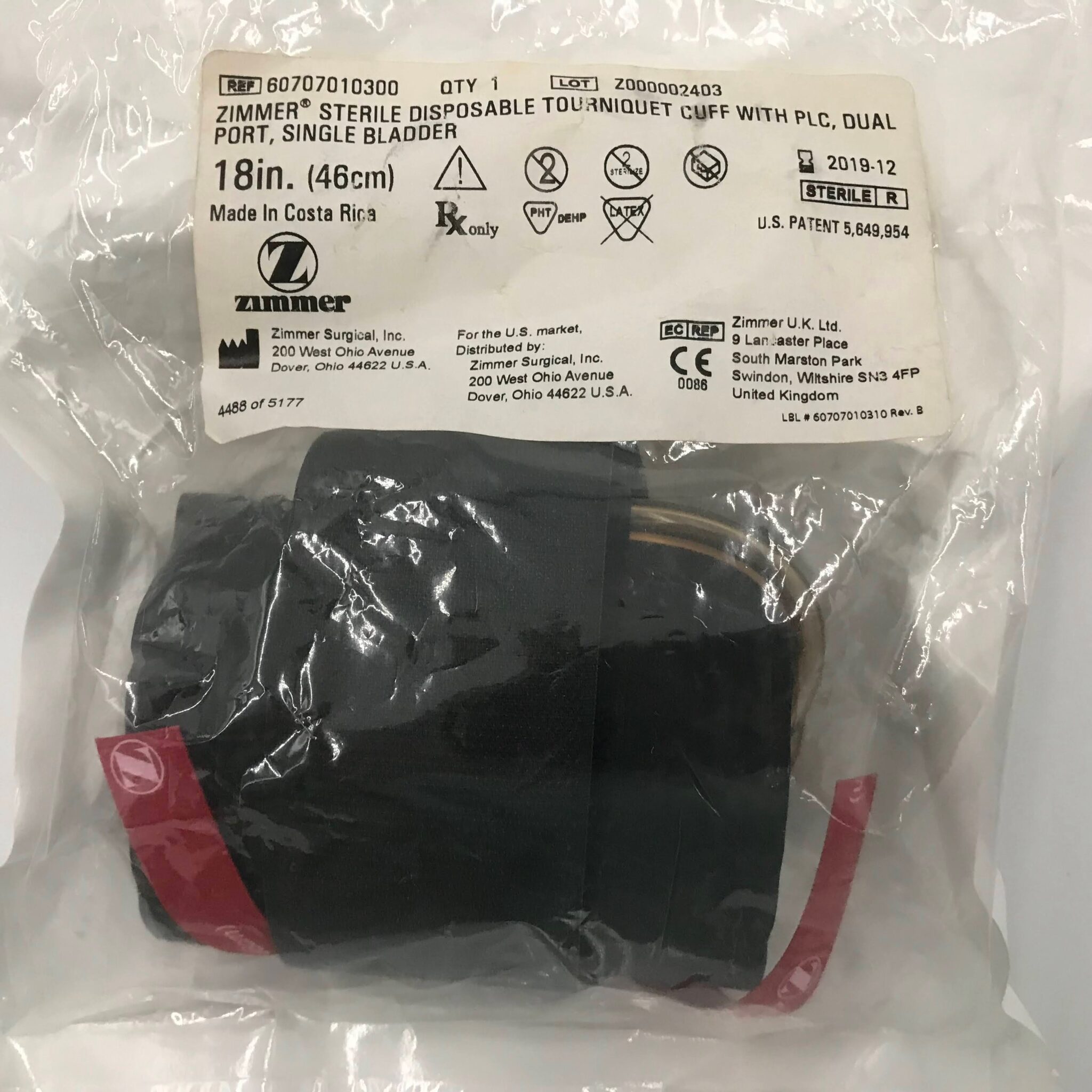 Zimmer 60707010300 Disposable Tourniquet Cuff w/ PLC, Dual Port, Single