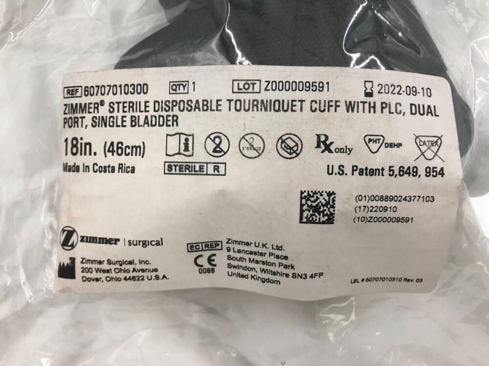 ZIMMER 60707010300 Disposable Tourniquet Cuff w/ PLC, Dual Port, Single