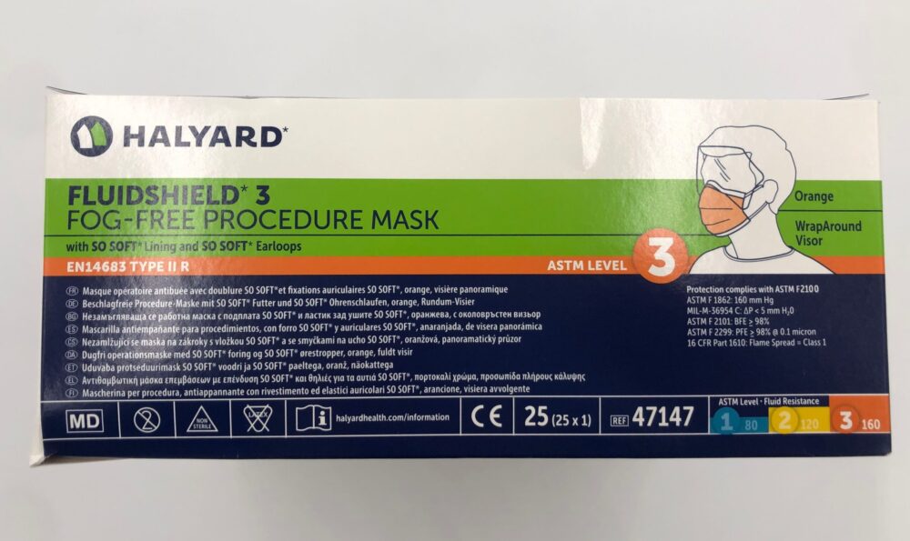 HALYARD 47147 Earloops, Orange, Fluidshield Level Mask Procedure 3 Fog-Free (25/Bx) & 3 ASTM TECH Soft w/so Lining USA GB 