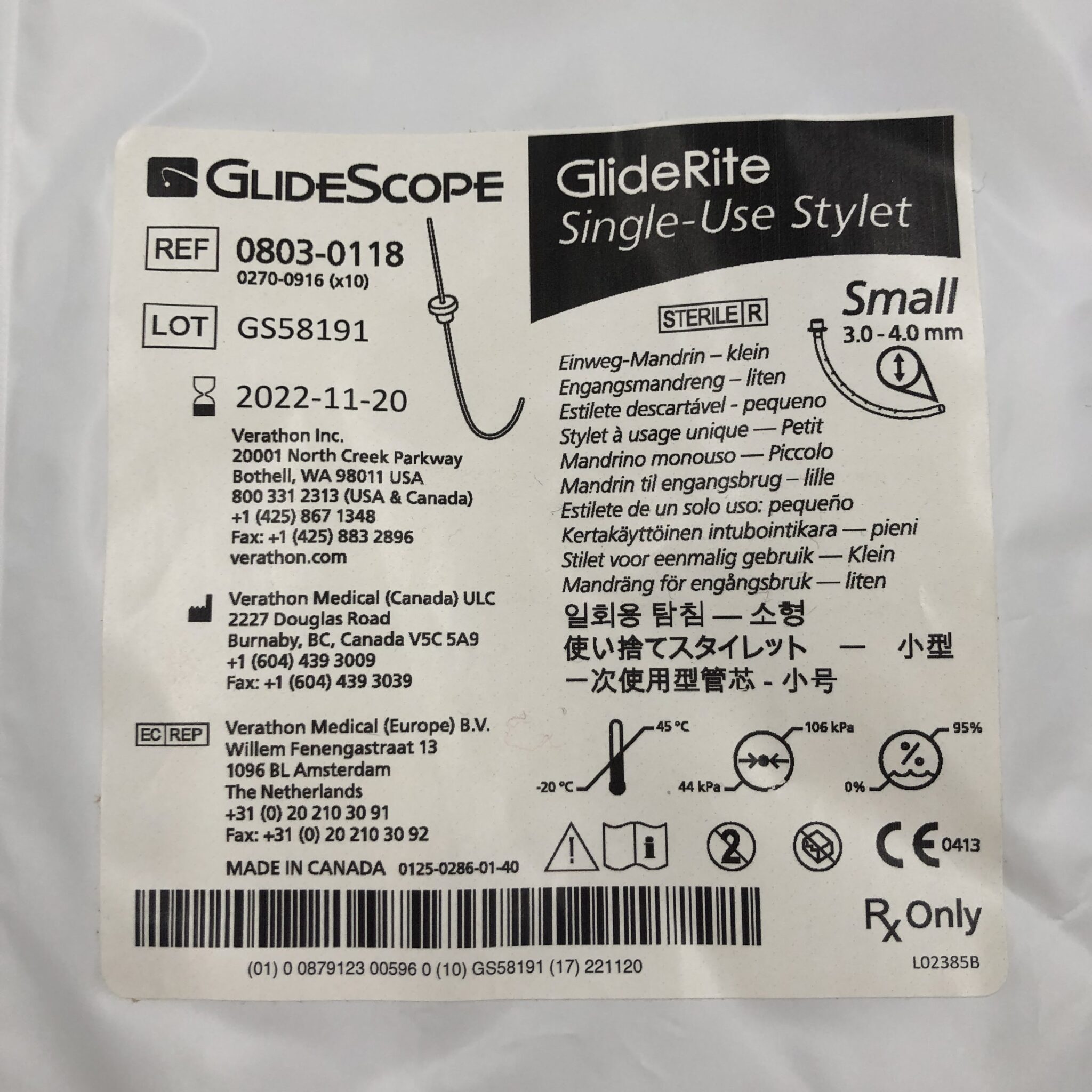 Verathon 08030118 GlideScope GlideRite SingleUse Stylet Small 3.04