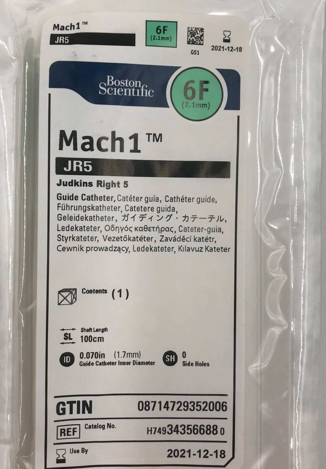 Boston Scientific 34356688 Mach1 JR5 Judkins Right 5 Guide Catheter 6F