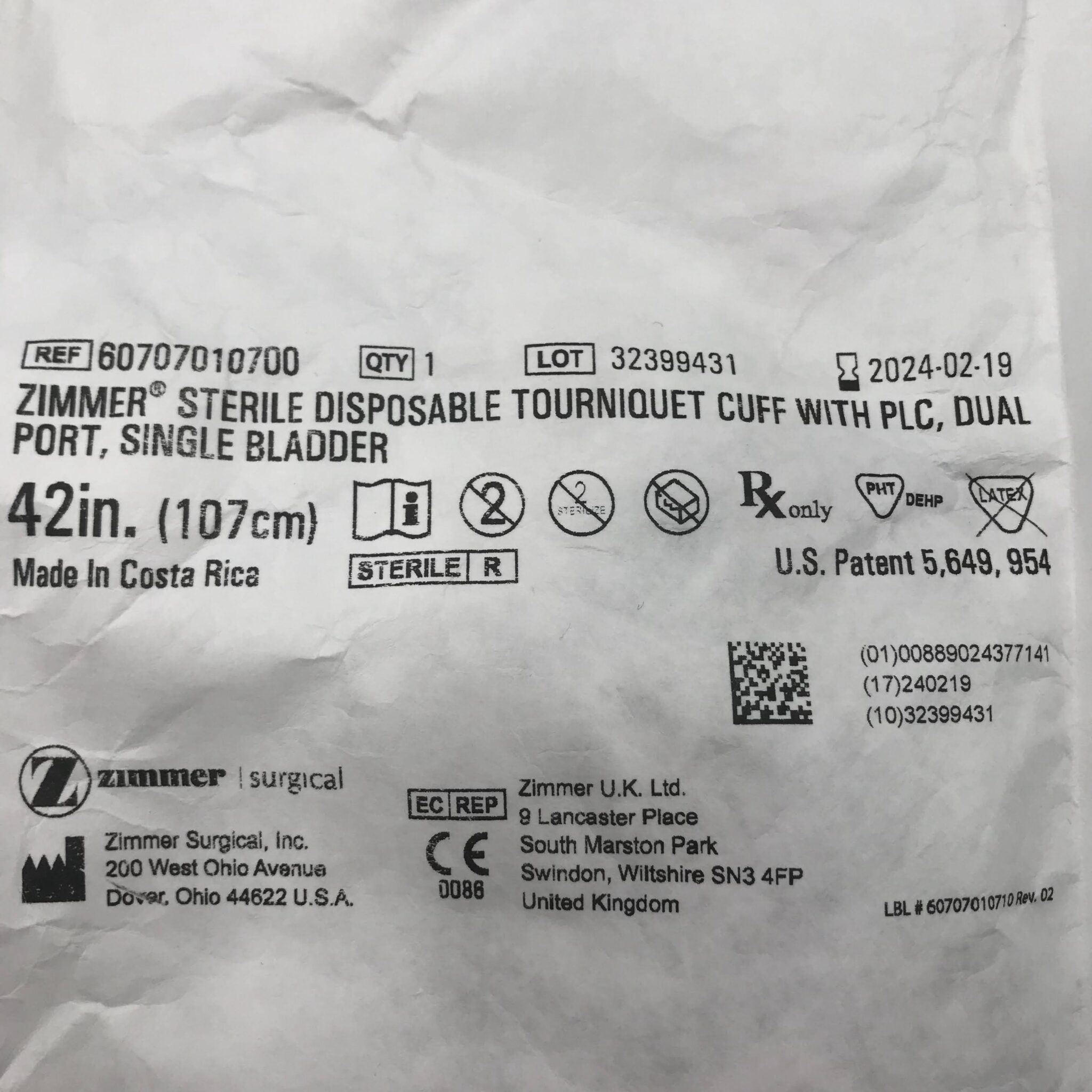 Zimmer 60707010700 Sterile Disposable Tourniquet Cuff with PLC, Dual