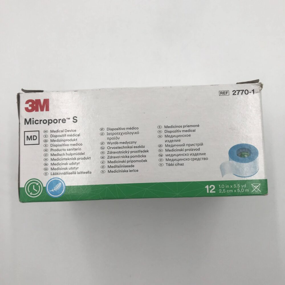 3M™ Micropore™ S Surgical Tape, 2770S-1, packaged single use, 2.5 cm x 1.3  m, 100 Roll/Bag, 5 Bag/Case