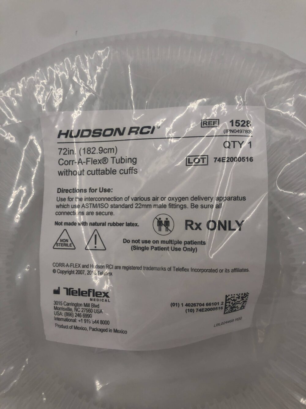 TELEFLEX 1528 Hudson RCI 72in CorrA Flex Tubing without Cuttable Cuffs
