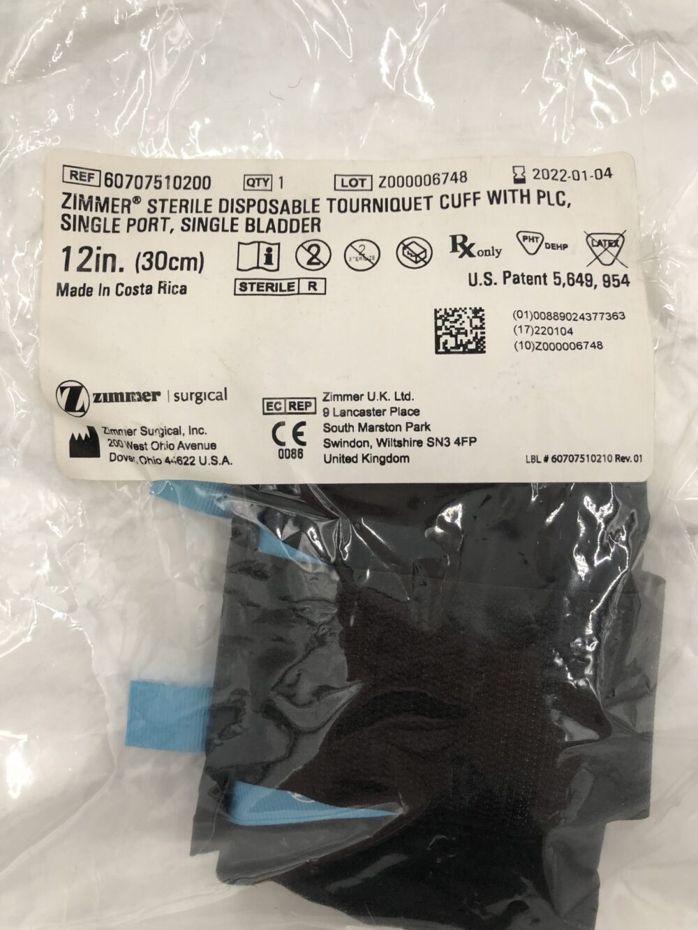 ZIMMER 60707510200 Disposable Tourniquet Cuff w/ PLC, Single Port, Single Bladder 12in (x) GB