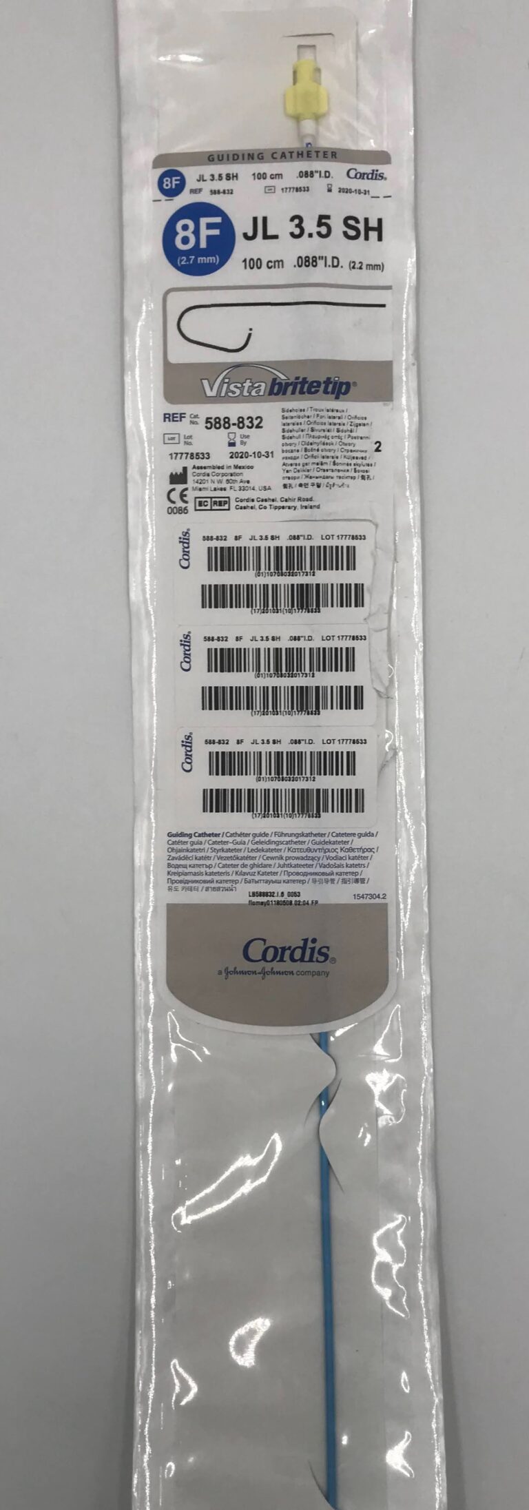 Cordis 588832 JL 3.5 SH Vista Brite Tip Guiding Catheter 8F (x) GB