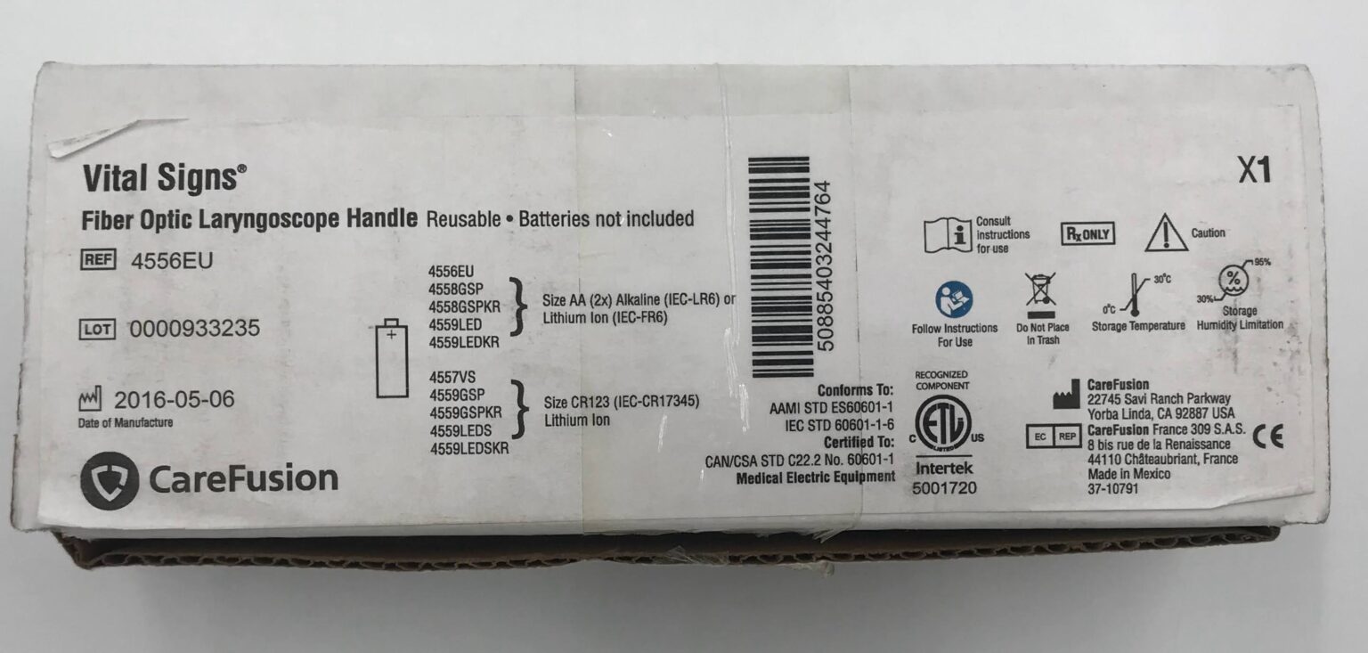 CareFusion 4556EU Vital Signs Fiber Optic Laryngoscope Handle (REUSABLE