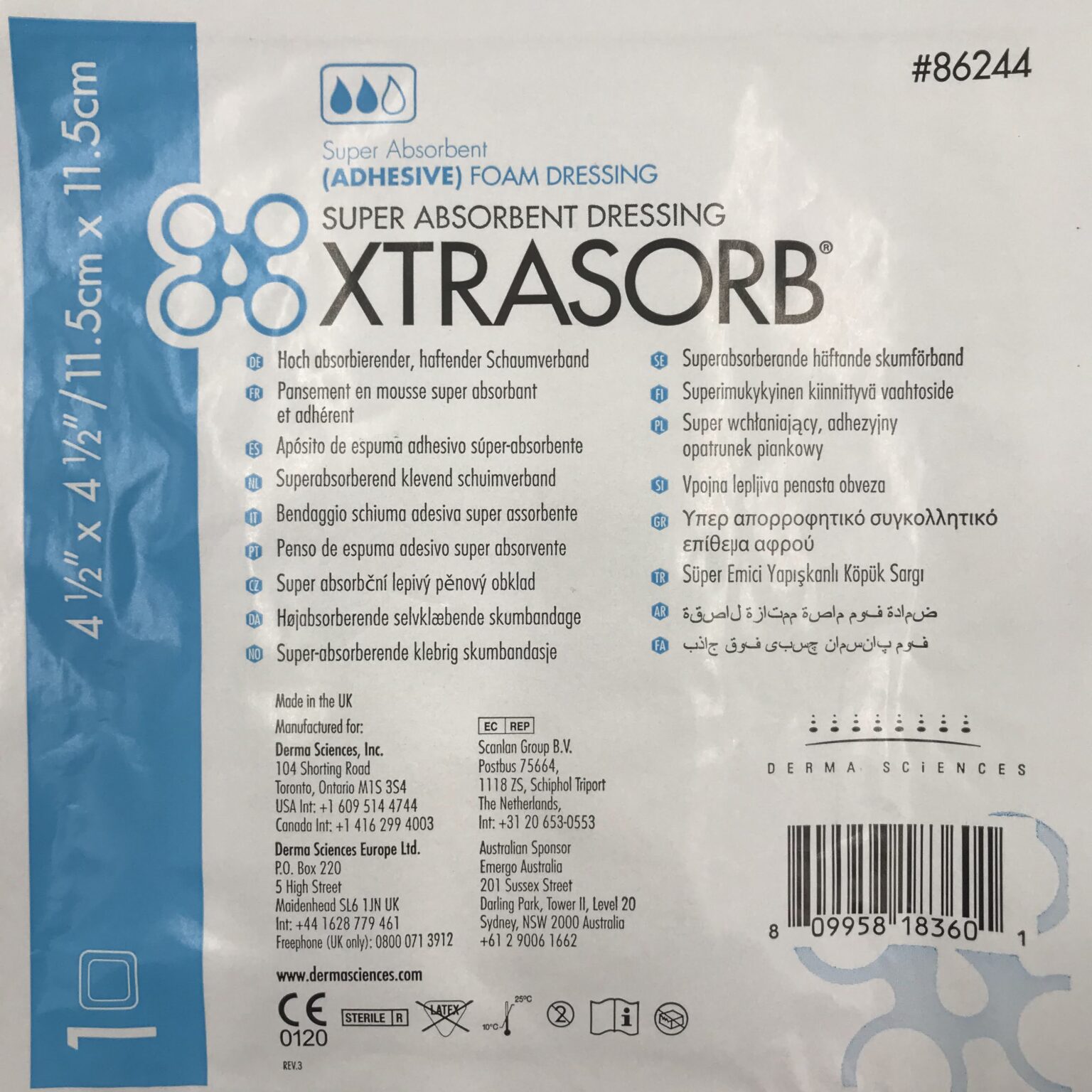 Derma Sciences 86244 Xtrasorb Adhesive Foam Dressing, (4 1/2inx4 1/2