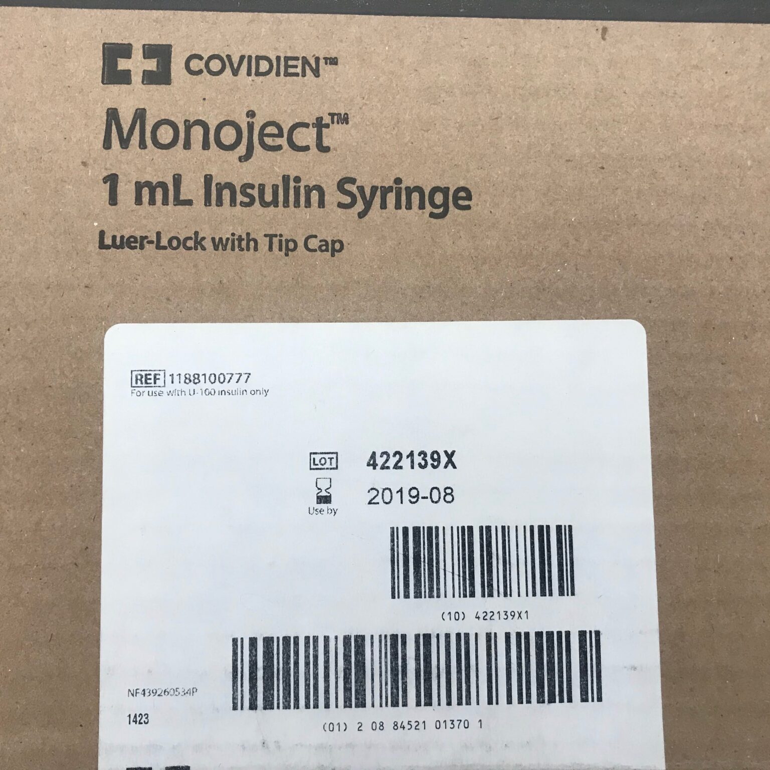 Covidien 1188100777 Monoject 1mL Insulin Syringe, LuerLock w/Tip Cap