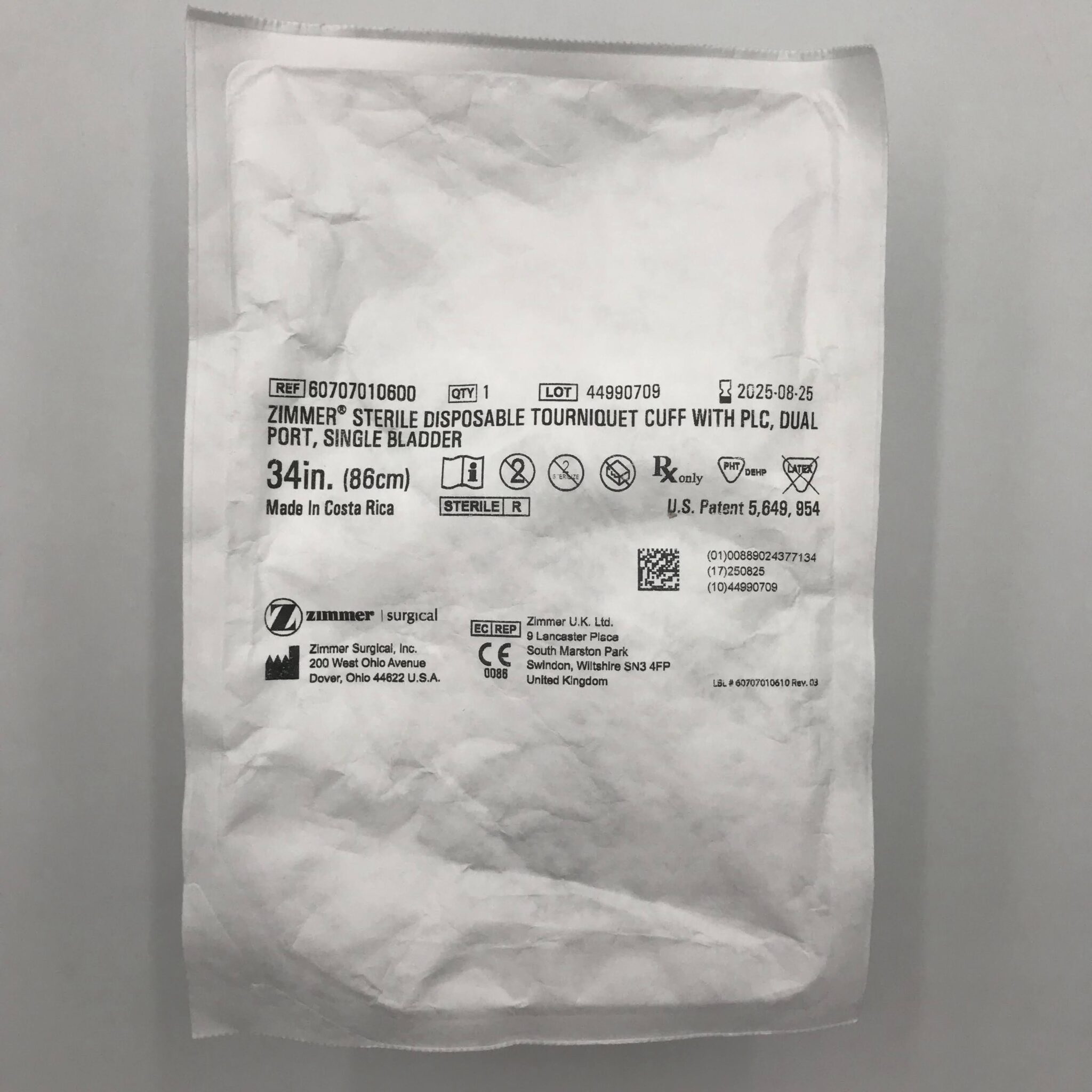 Zimmer 60707010600 Sterile Disposable Tourniquet Cuff w/ PLC, Dual Port