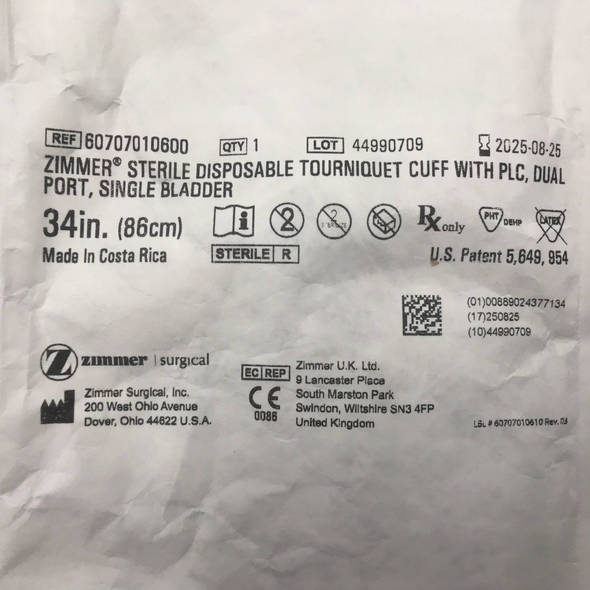 Zimmer 60707010600 Sterile Disposable Tourniquet Cuff w/ PLC, Dual Port