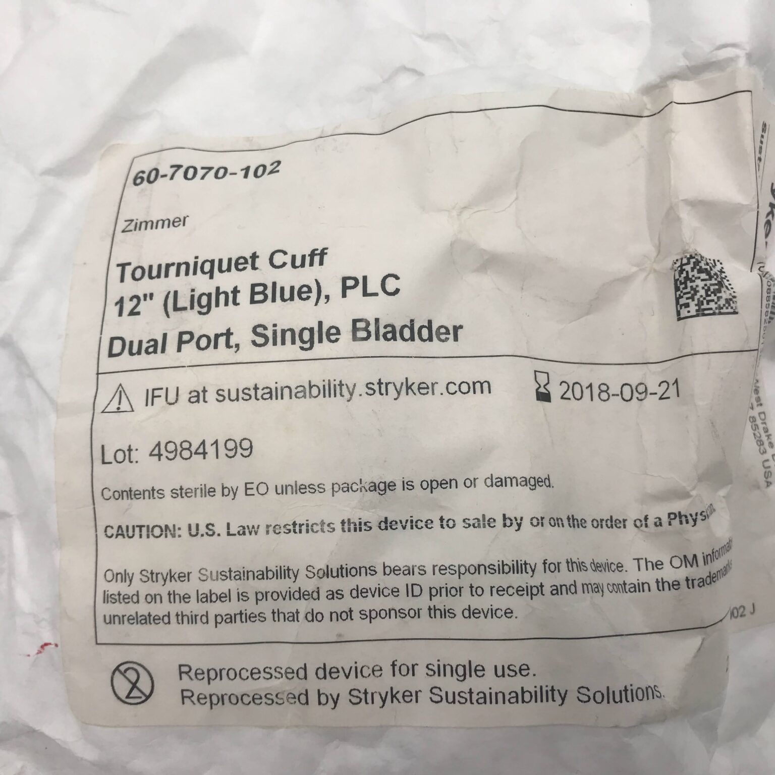 Zimmer 607070102 Tourniquet Cuff 12in (Light Blue) PLC Dual Port