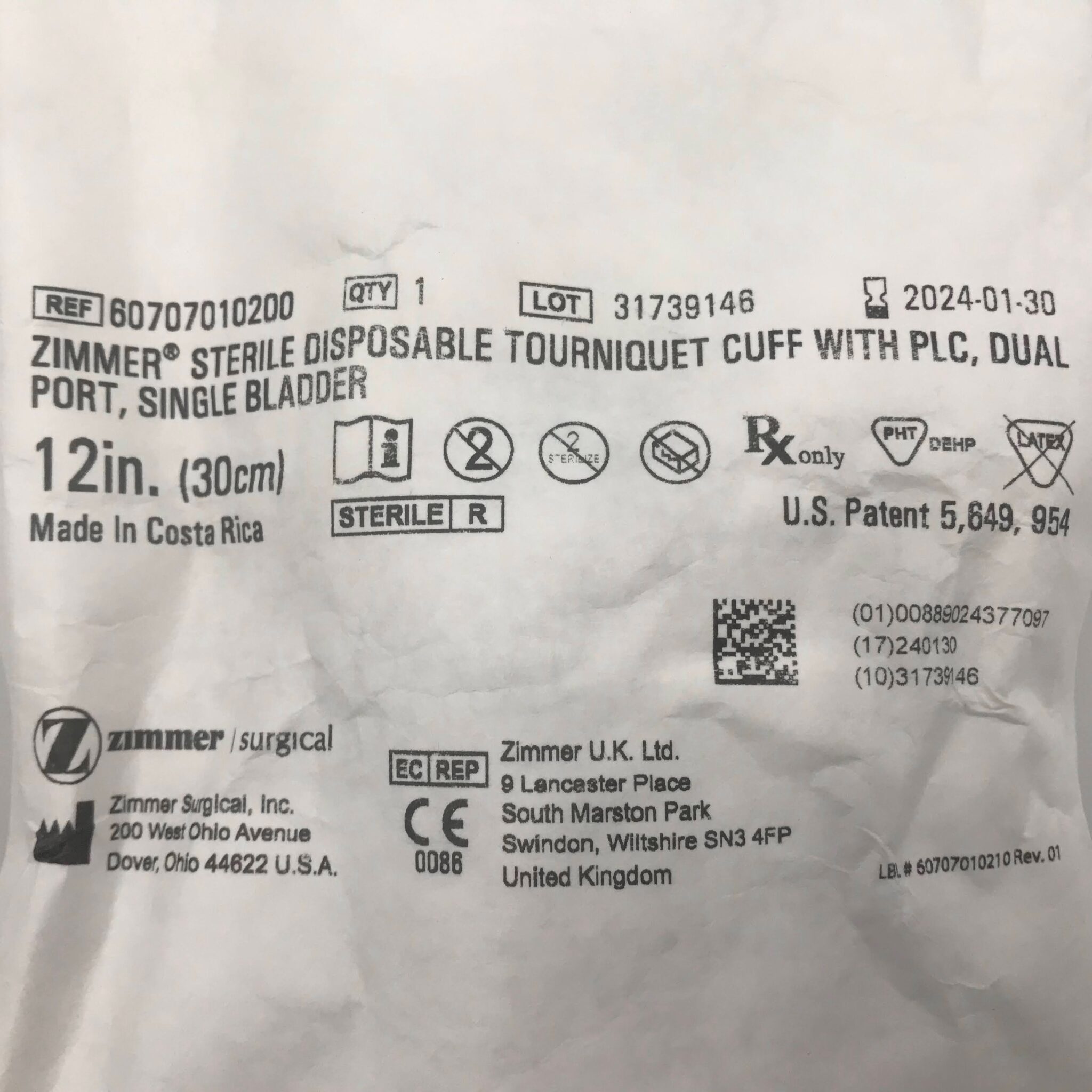 ZIMMER 60707010200 Disposable Tourniquet Cuff w/ PLC, Dual Port, Single