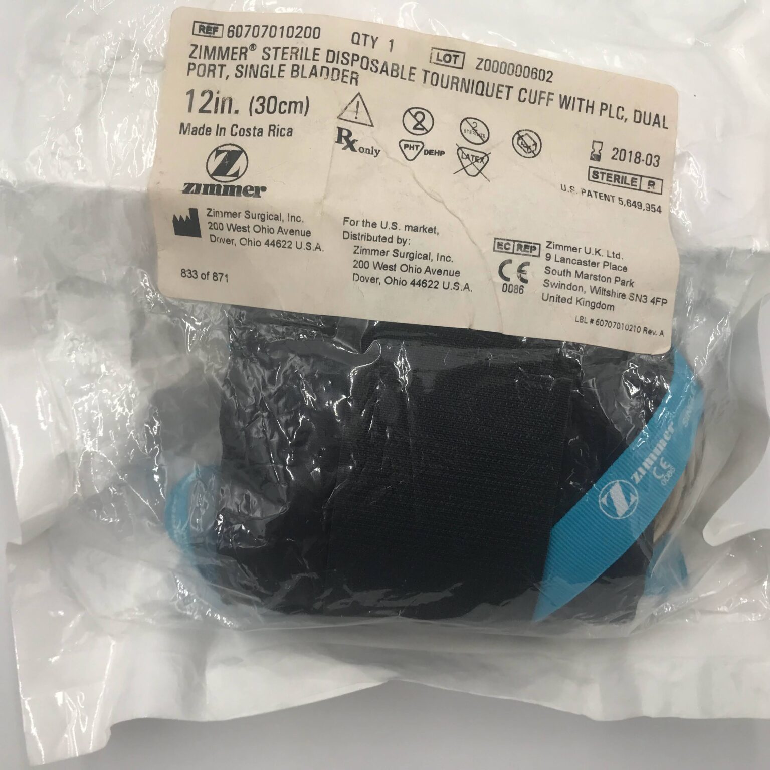 Zimmer 60707010200 Disposable Tourniquet Cuff w/ PLC, Dual Port, Single