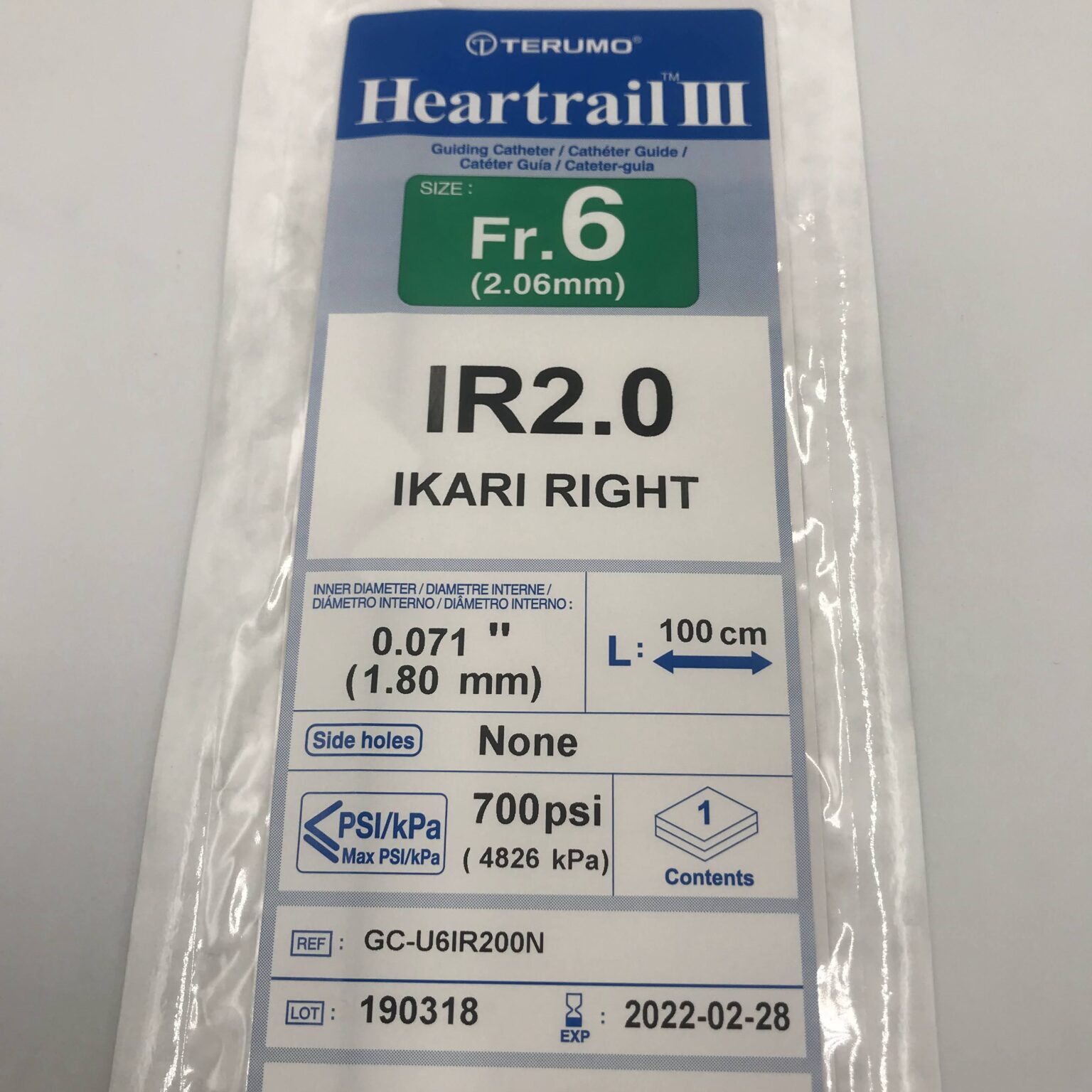 Terumo 406382 Heartrail III Guiding Catheter Fr.6 100cm IR2.0 Ikari