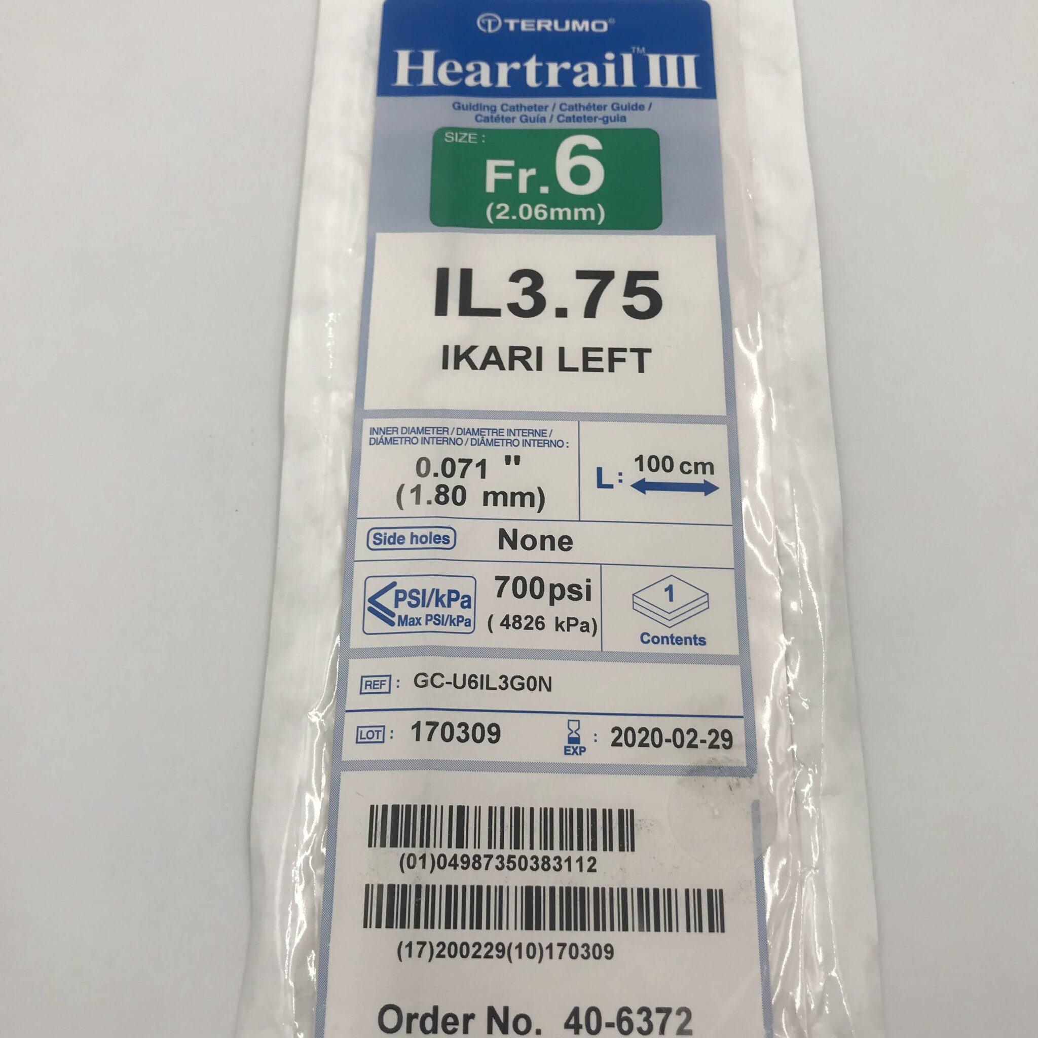 Terumo 406372 Heartrail III Guiding Catheter Fr. 6 100cm IL3.57 Ikari