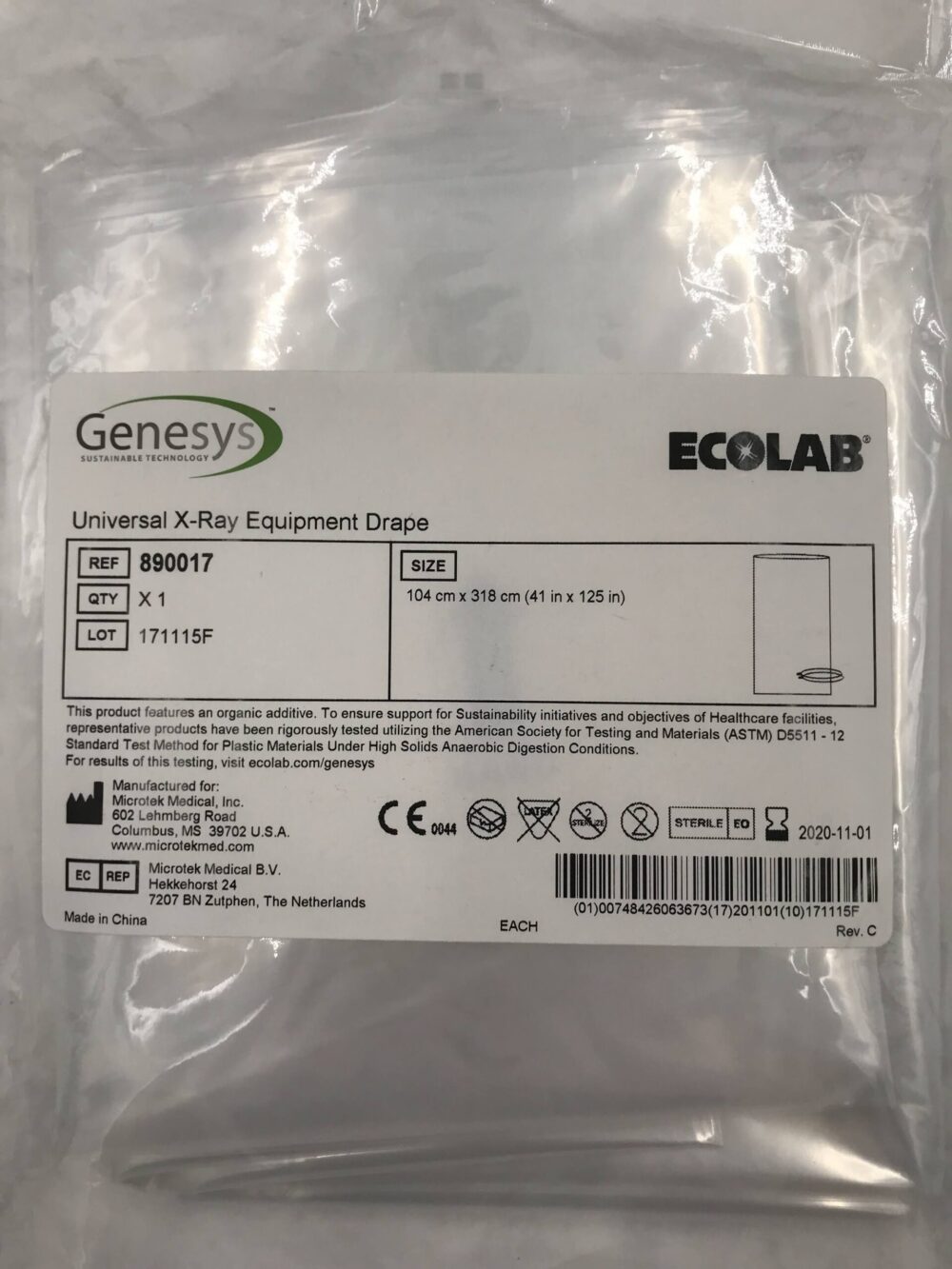 MICROTEK 890017 Genesys Ecolab Universal XRay Equipment Drape 104cm x